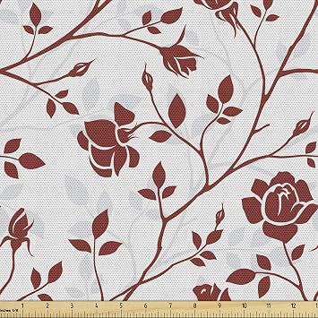 Lunarable Floral Fabric by The Yard, Silhouette of Old Rose Flowers and Branches Design in Retro Dramatic Graphic Print, Decorative Fabric for Upholstery and Home Accents, 2 Yards, Grey Ruby