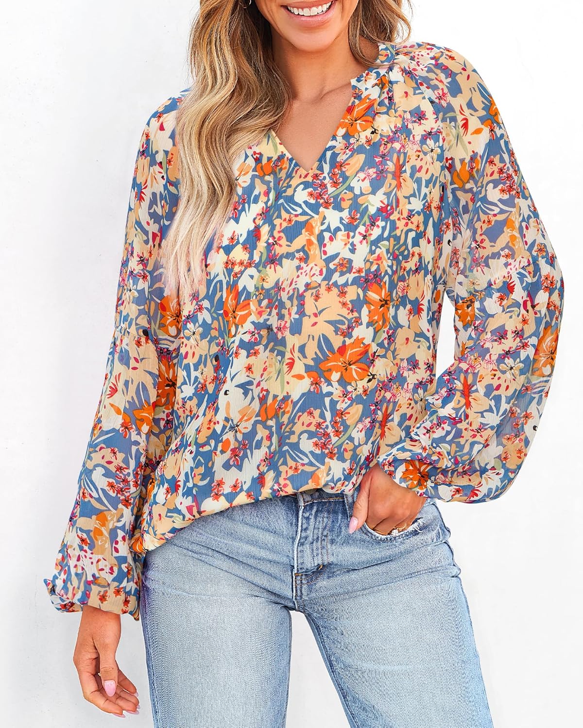 BTFBM Blouses for Women Dressy Casual Floral Summer Boho Tops V Neck Lightweight Long Sleeve Shirts Spring Clothes 2026 - Image 2