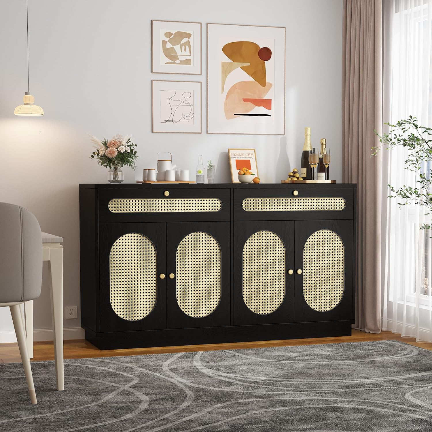 GarveeHome Buffet Sideboard, 60'' Sideboard Cabinet with 2 Drawers and 4 Rattan Doors, Rattan Sideboard with Adjustable Shelves, Black