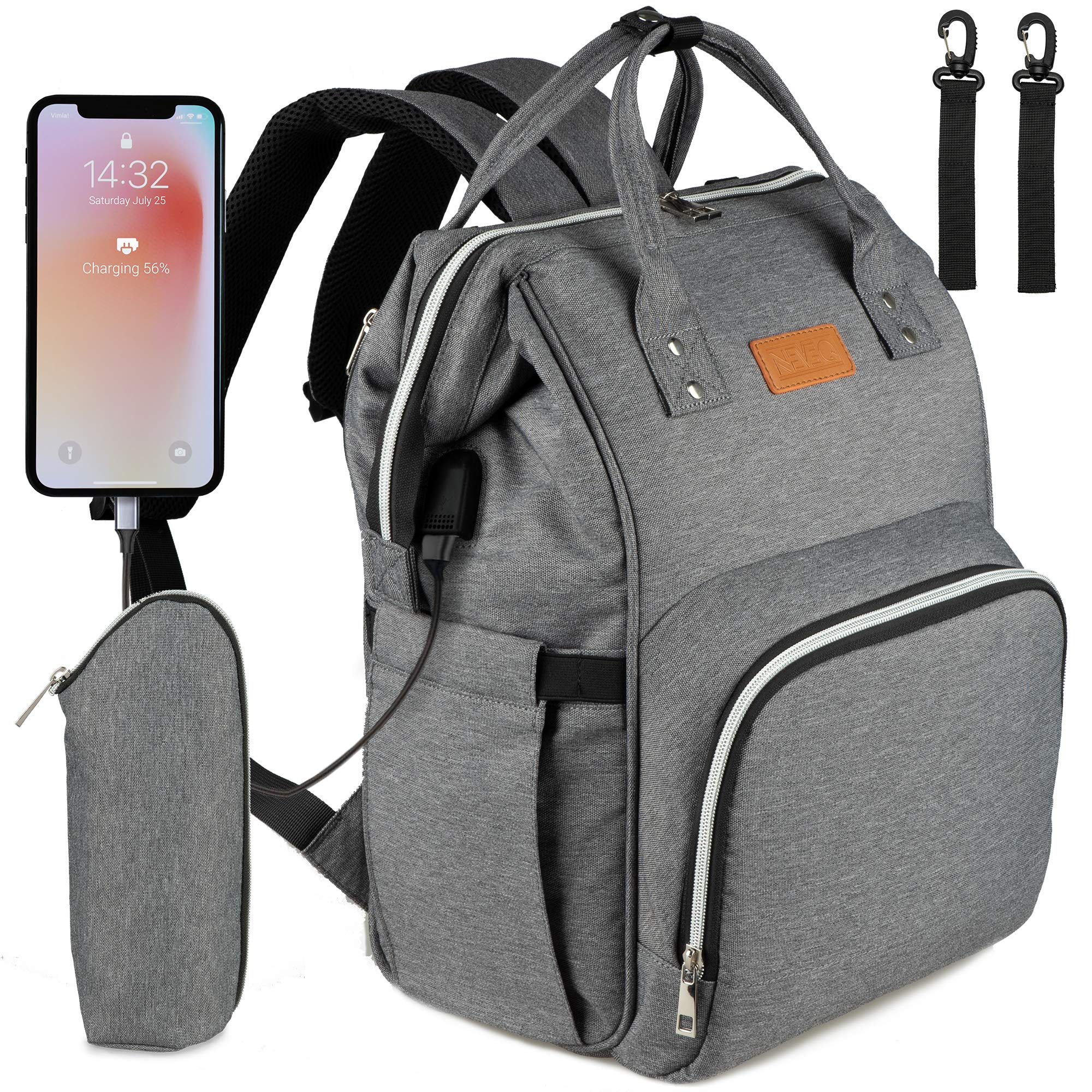 NEVEQ Baby Wickelrucksack, Babytasche für Reise, Wickeltasche Große Kapazität, Multifach Reise Rucksack Wasserdicht Fächer Babyflaschehälter (Dunkelgrau)