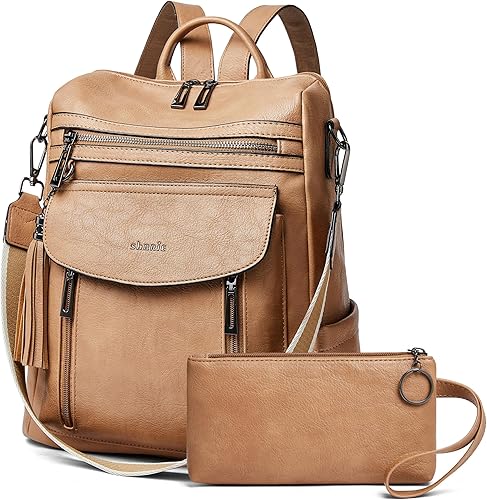 Shrrie Mochila para mujer, mochila de cuero a la moda, bolso de viaje de diseño, bolsa de hombro, 2-1 marrón camel bicolor, Mochilas de viaje