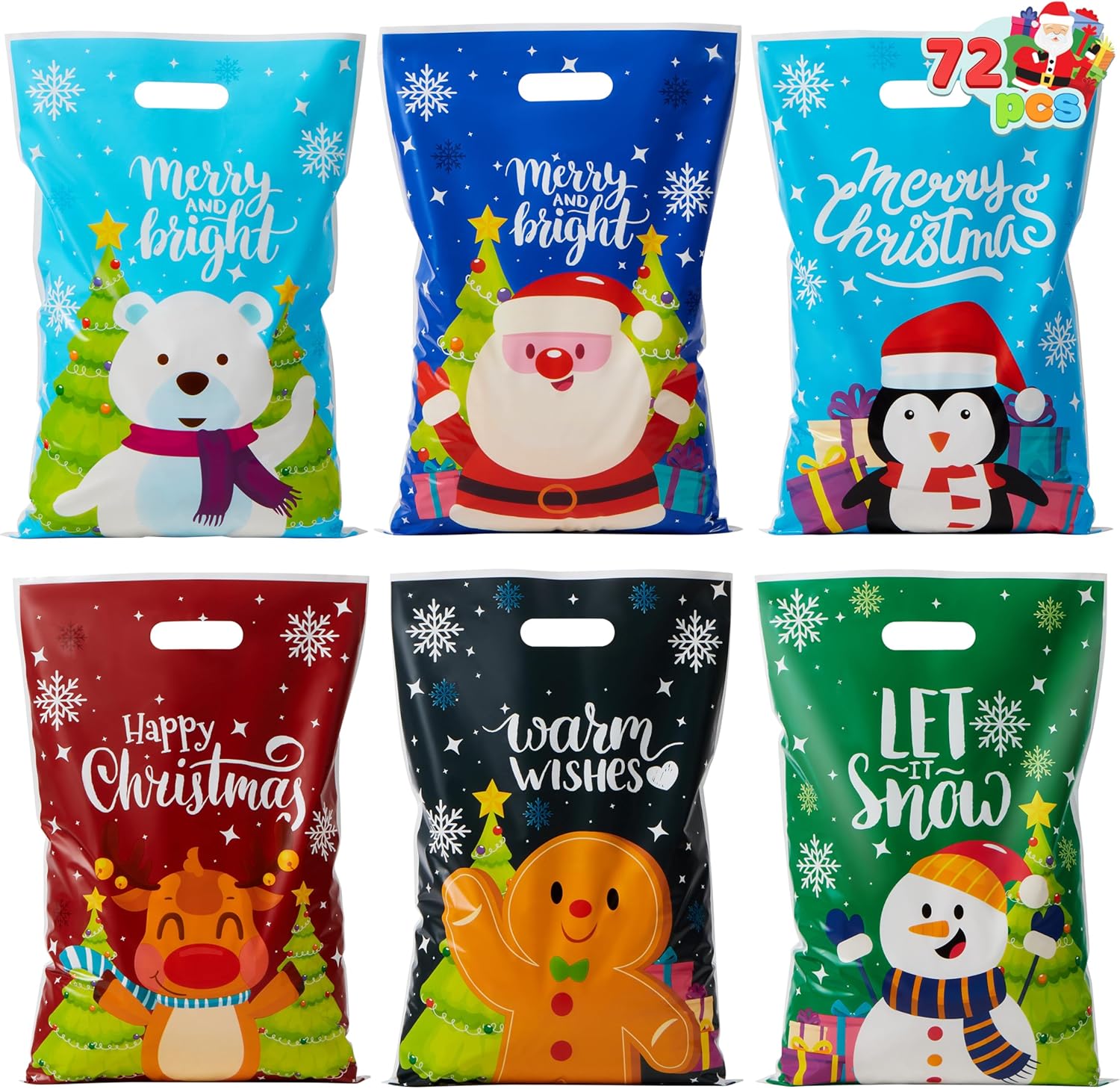 JOYIN 72 PCS Christmas Plastic Goodies Bags with Handles, Xmas Shopping Goody Gift Bags for Present Wrapping, Party Decoration Supplies, Festive Parties Favor, Holiday Treats (11" x 16")