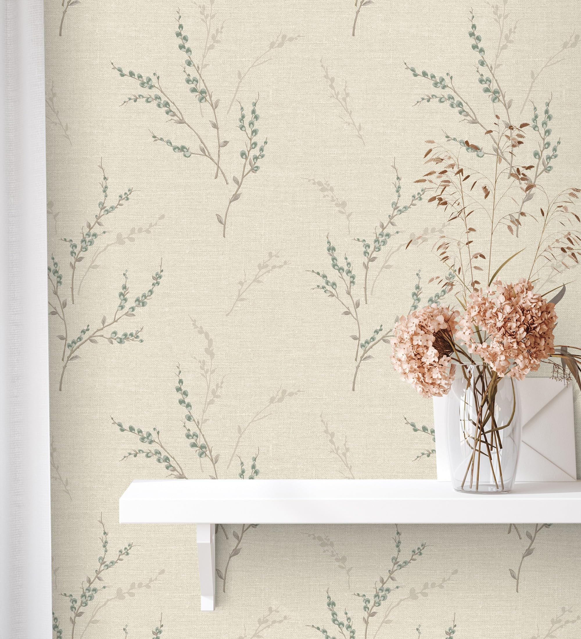 GAULAN 683392 - Papel pintado vinílico de rama de hojas estilo natural en fondo lino texturado para pared salón cocina dormitorio pasillo - Rollo de 10 m x 0,53 m
