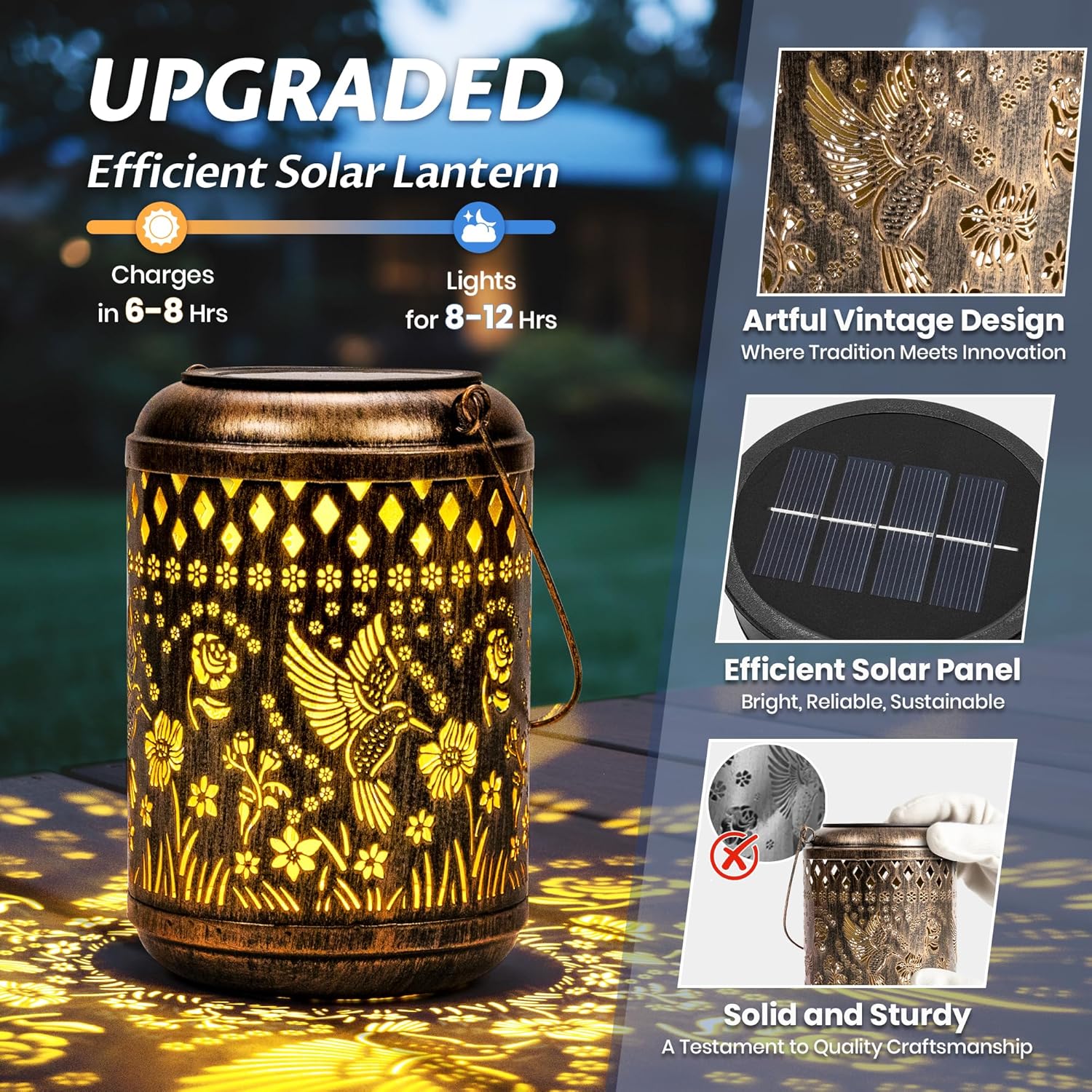Hummingbird Gardening Gifts Outdoor Solar Lanterns, 2 Pack Garden Decor for Outside, Hanging Solar Lanterns Decorative Gifts for Women Birthday Unique Vintage Table Metal Lights for Yard, Balcony