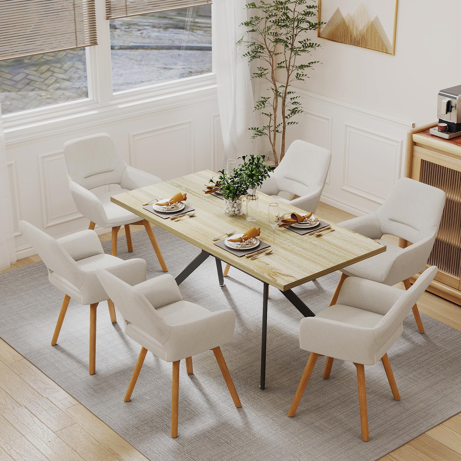 JIJIAN Juego de 2 Sillas de Comedor Giratorias 360° con Reposabrazos | Silla Acolchada con Patas de Haya, para Salón, Cocina, Dormitorio y Estudio, Beige