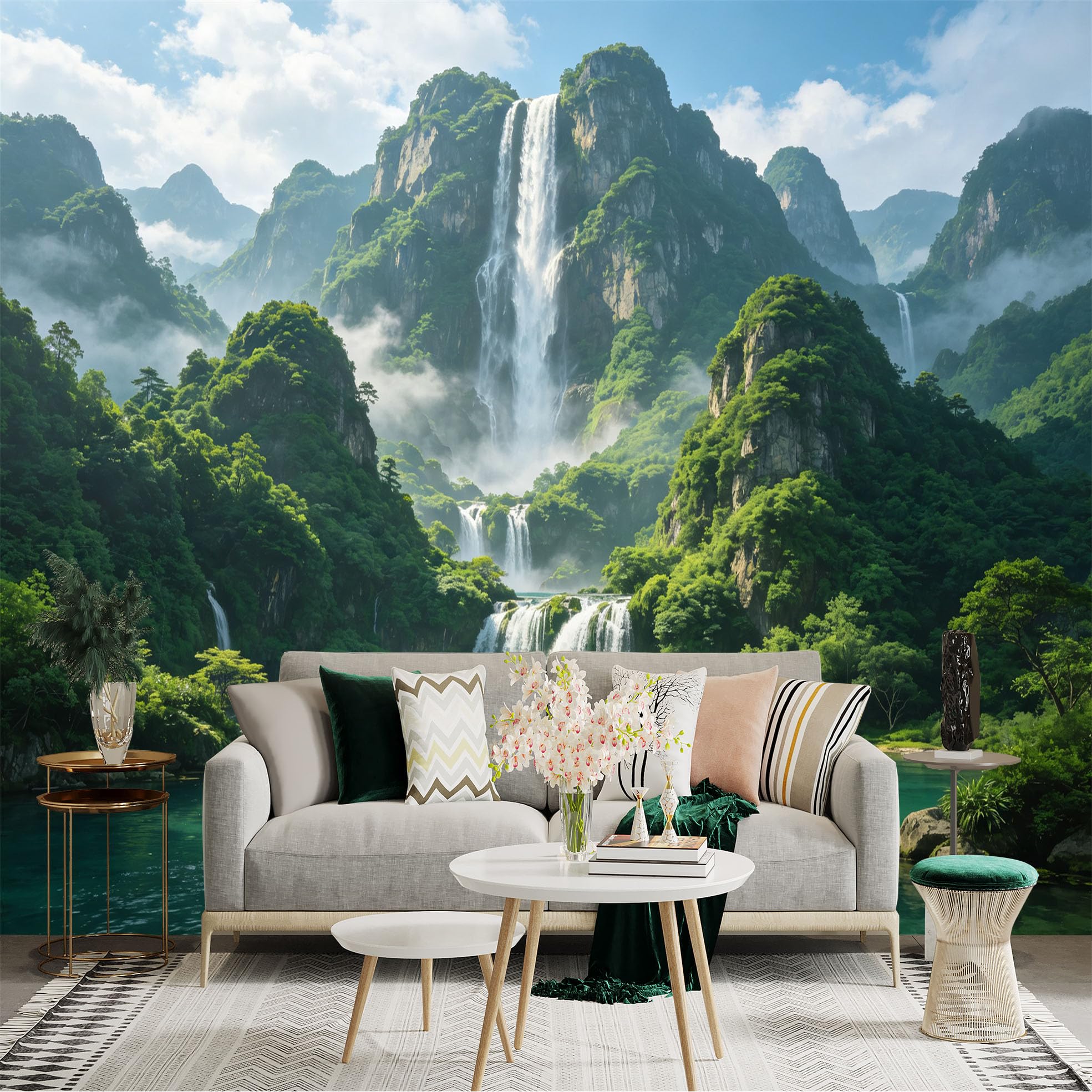 Custom Size Wall Sticker Mural， Majestic Waterfall in Lush Green Mountains， Tropical River Landscape， Nature Scenery， for wall Decoration， peelandstick wall Decals.