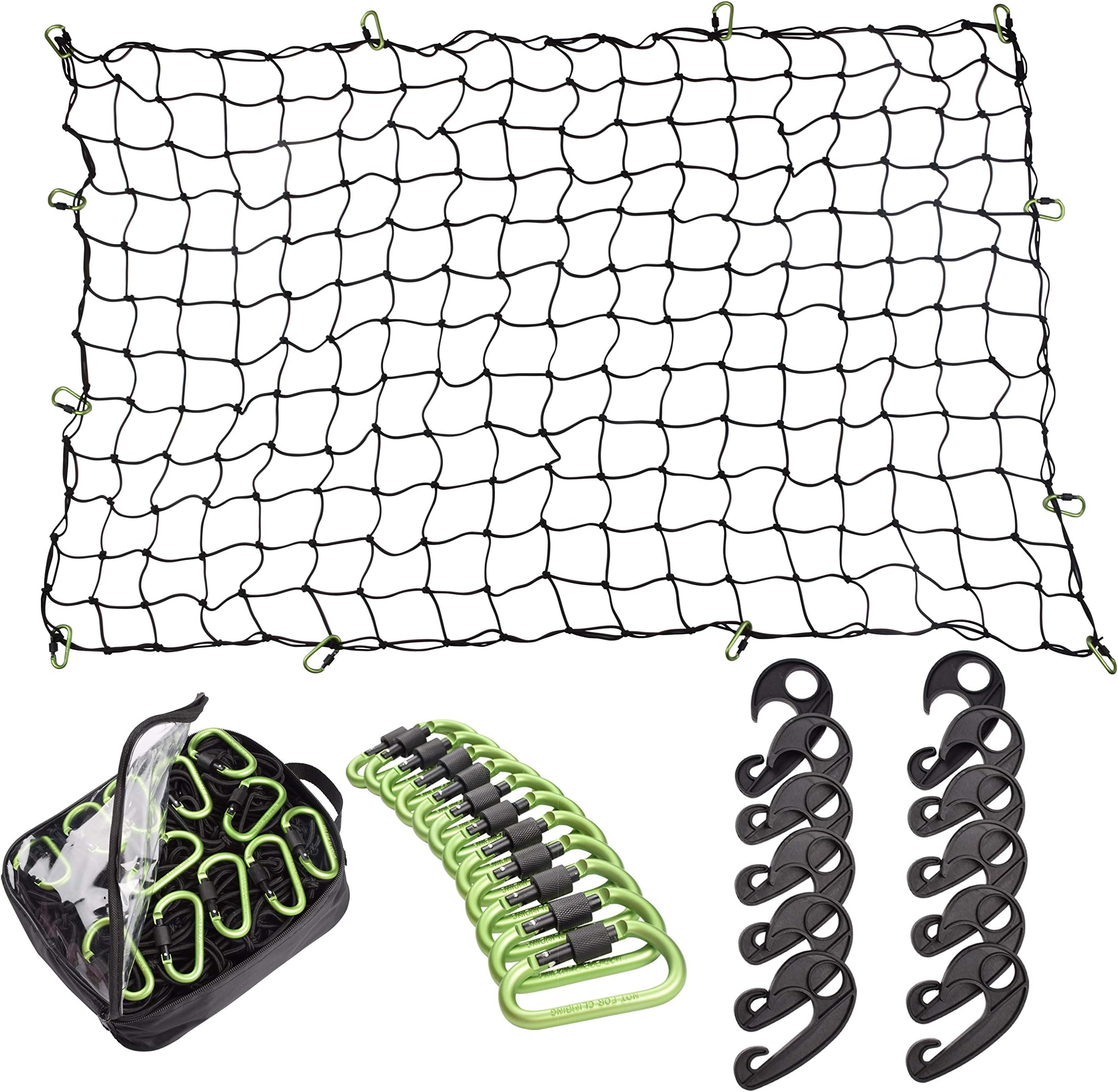 4 x 6 FT Super Duty Bungee Cargo Net for Truck Bed Stretches to 8 x 12 FT | 24 Pieces Universal Hooks| Small 4 x 4 Inches Mesh| Universal Heavy Duty Car Rear Organizer Net