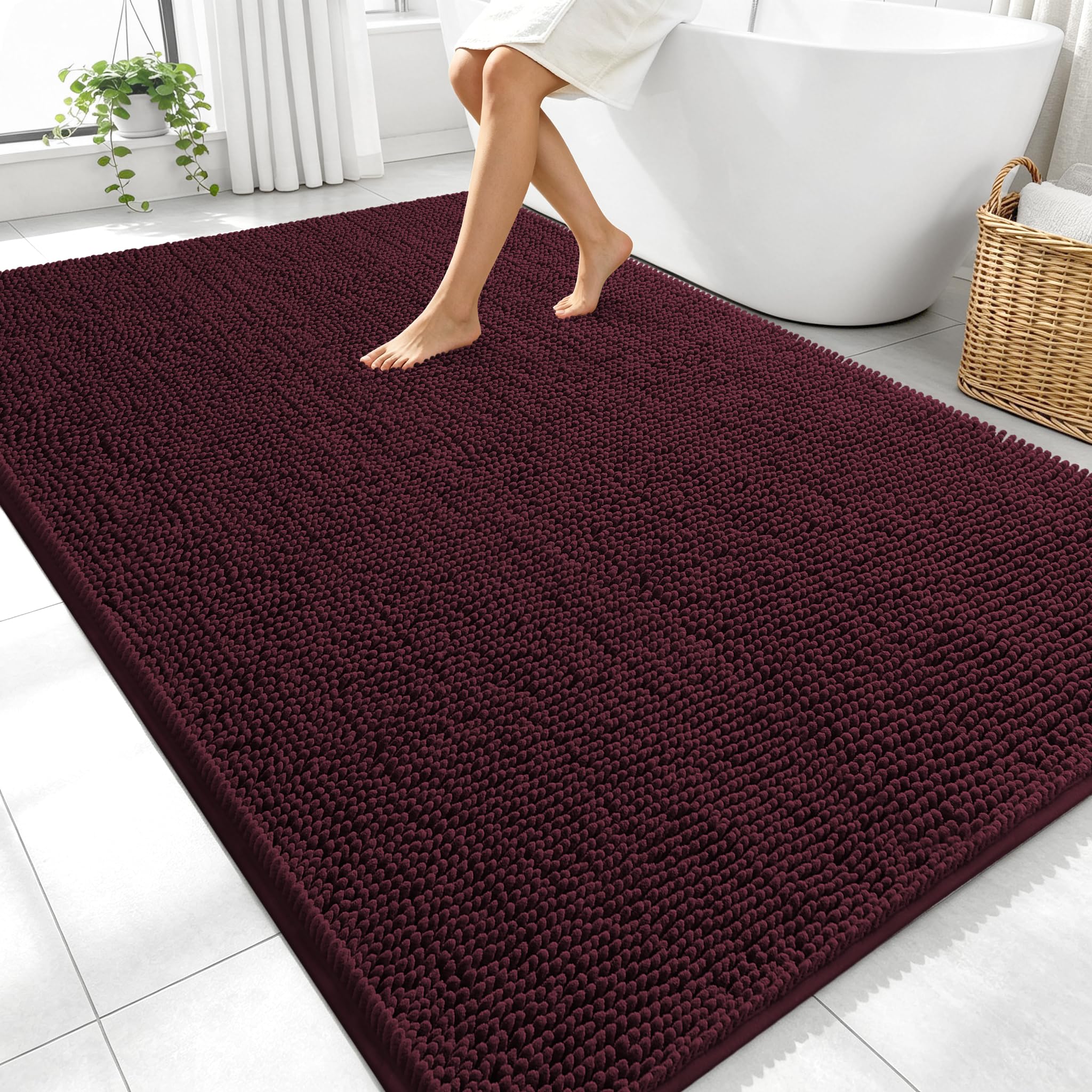 OLANLY Large Bathroom Rugs 70x46, Extra Soft Absorbent Chenille Bath Rugs | Black Cherry, Quick-Drying Rubber Backing, Washable Bath Mat for Bathroom Floor, Tub and Shower, Home Decor Accessories