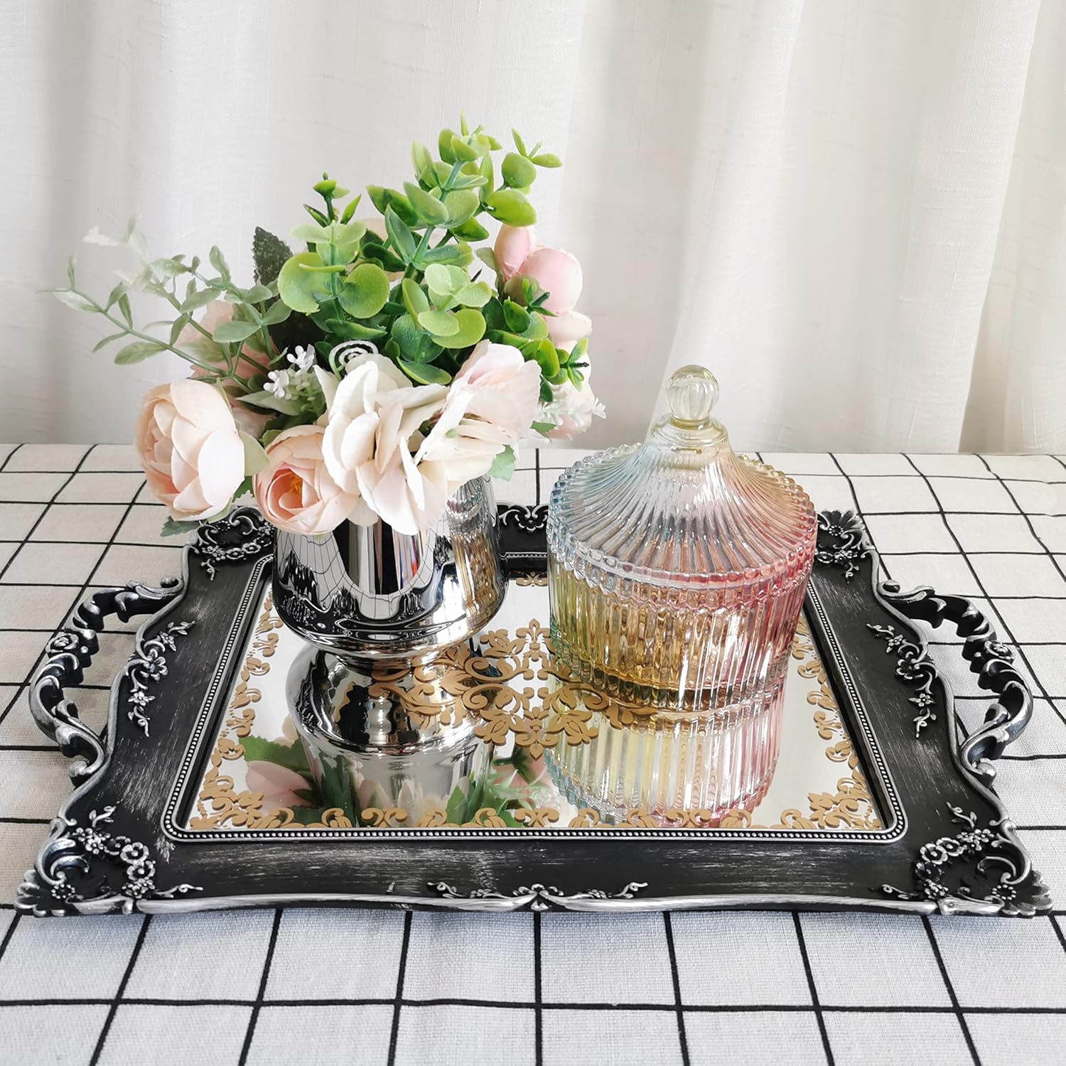 YANIZU Decorative Mirror Tray, Floral Vanity Organizer for Makeup, Jewelry, Perfume, Vintage Rectangular Display and Serving Tray for Dresser, Counter and Coffee Table, 9.5"x14.9", Silver Black - Image 3