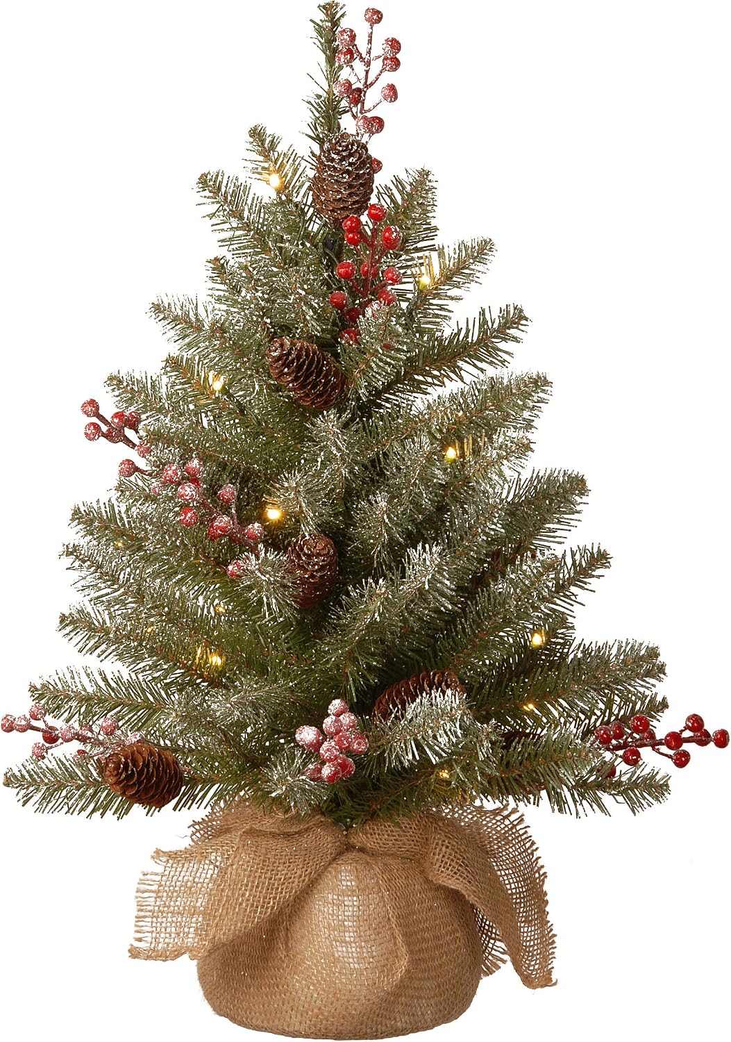 National Tree Company Pre-Lit Artificial Mini Christmas Tree, Green, Dunhill Fir, White Lights, Decorated with Pine Cones, Berry Clusters, Frosted Branches, Includes Cloth Bag Base, 2 Feet