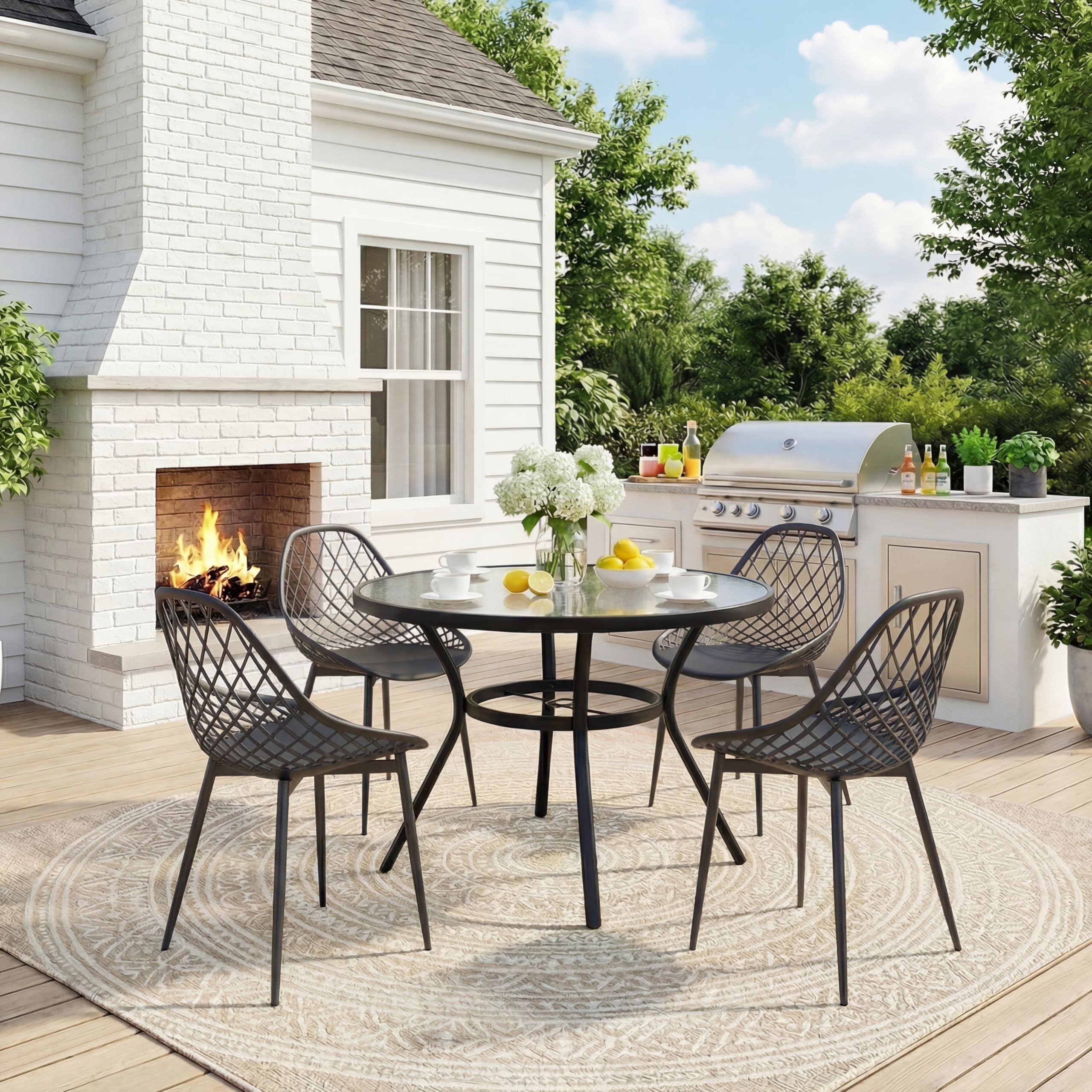 Gartenstuhl 8er Set, Gartenstühle mit Durchbrochenem Design aus PP & Metall, Wetterfeste Outdoor Stühle Esszimmer für Garten, Terrassenstühle, Balkonmöbel Kleiner Balkon, Esszimmerstühle, Schwarz