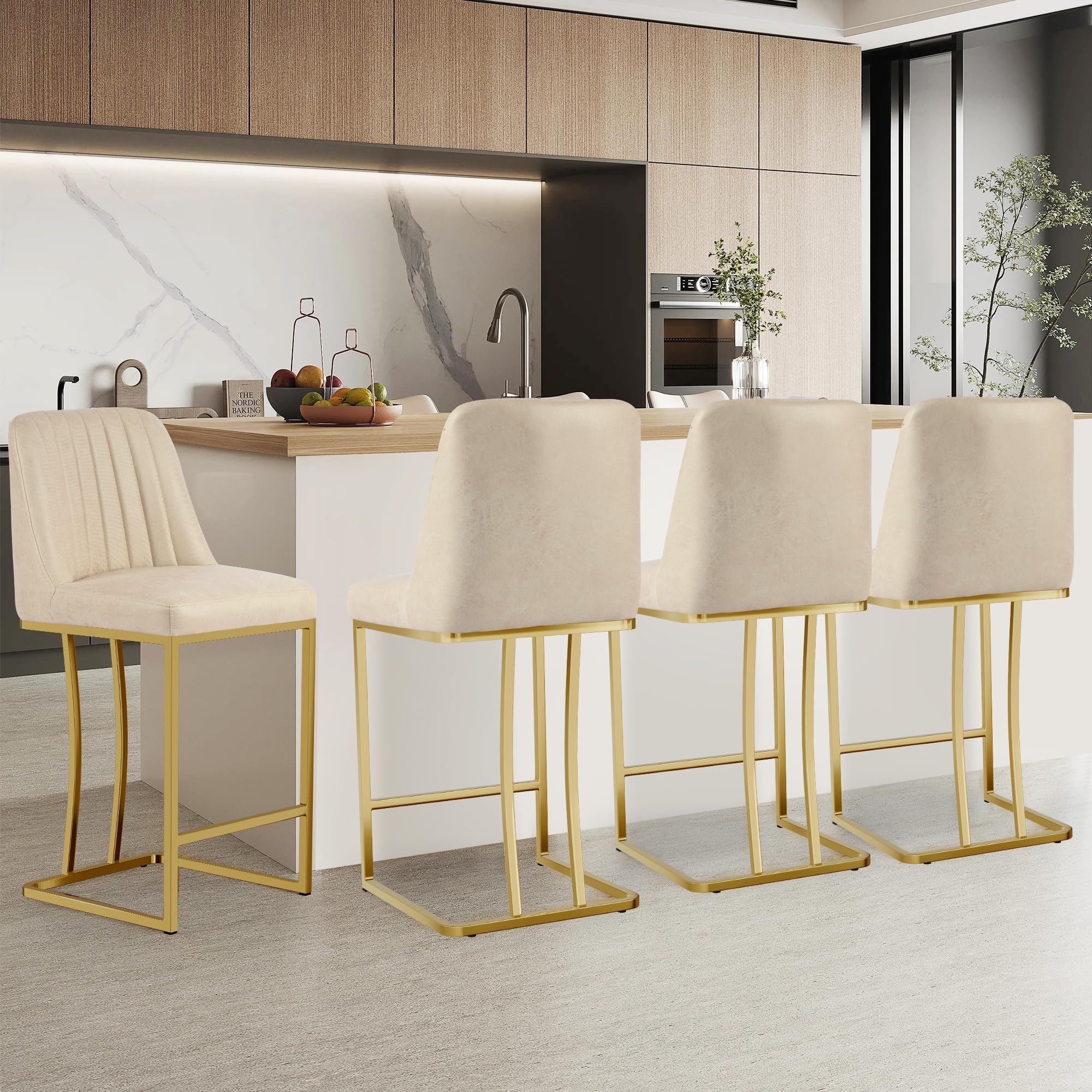LSSBOUGHT Counter Height Bar Stools Set of 4, Beige Counter Stools with Back and Gold Metal Frame,Modern Barstools with Footrest, Upholstered