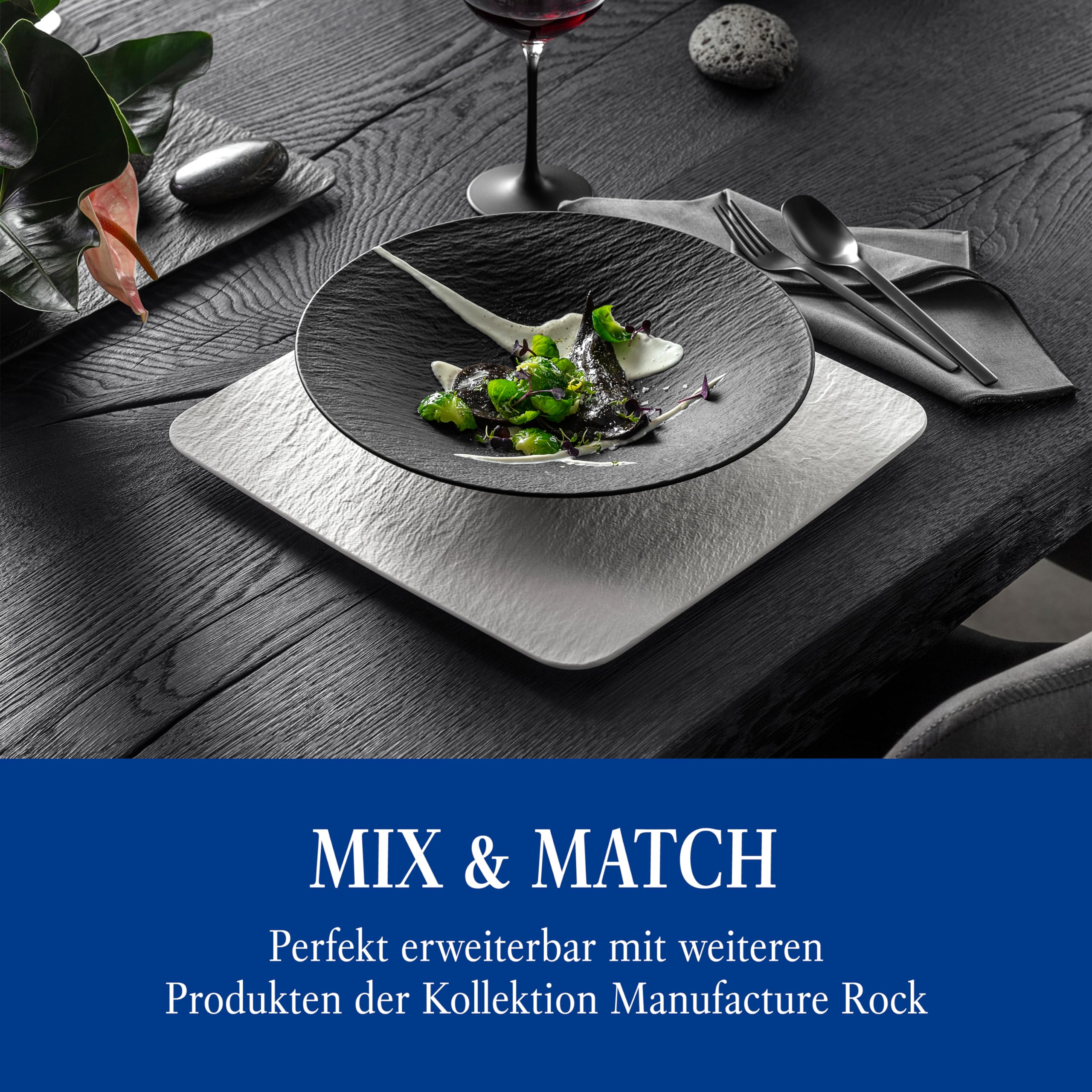 Villeroy & Boch – Manufacture Rock Schale Schwarz Matt, Deko Teller, Dekoschale, Platzteller, Schwarze Schale, Schüssel, Geschirr, Tiefer Speiseteller, Essteller, Schieferoptik, Premium Porzellan