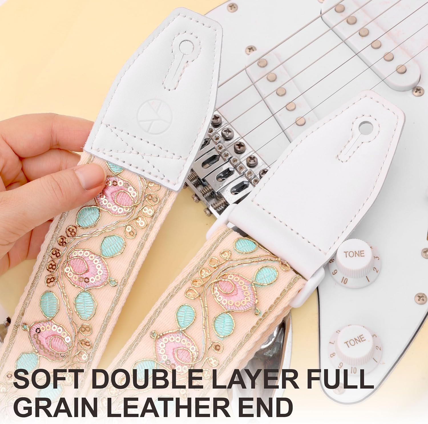 YIKOKO Guitar Strap 2 inch, with Full Grain Leather End, for Bass, Electric and Acoustic Guitars