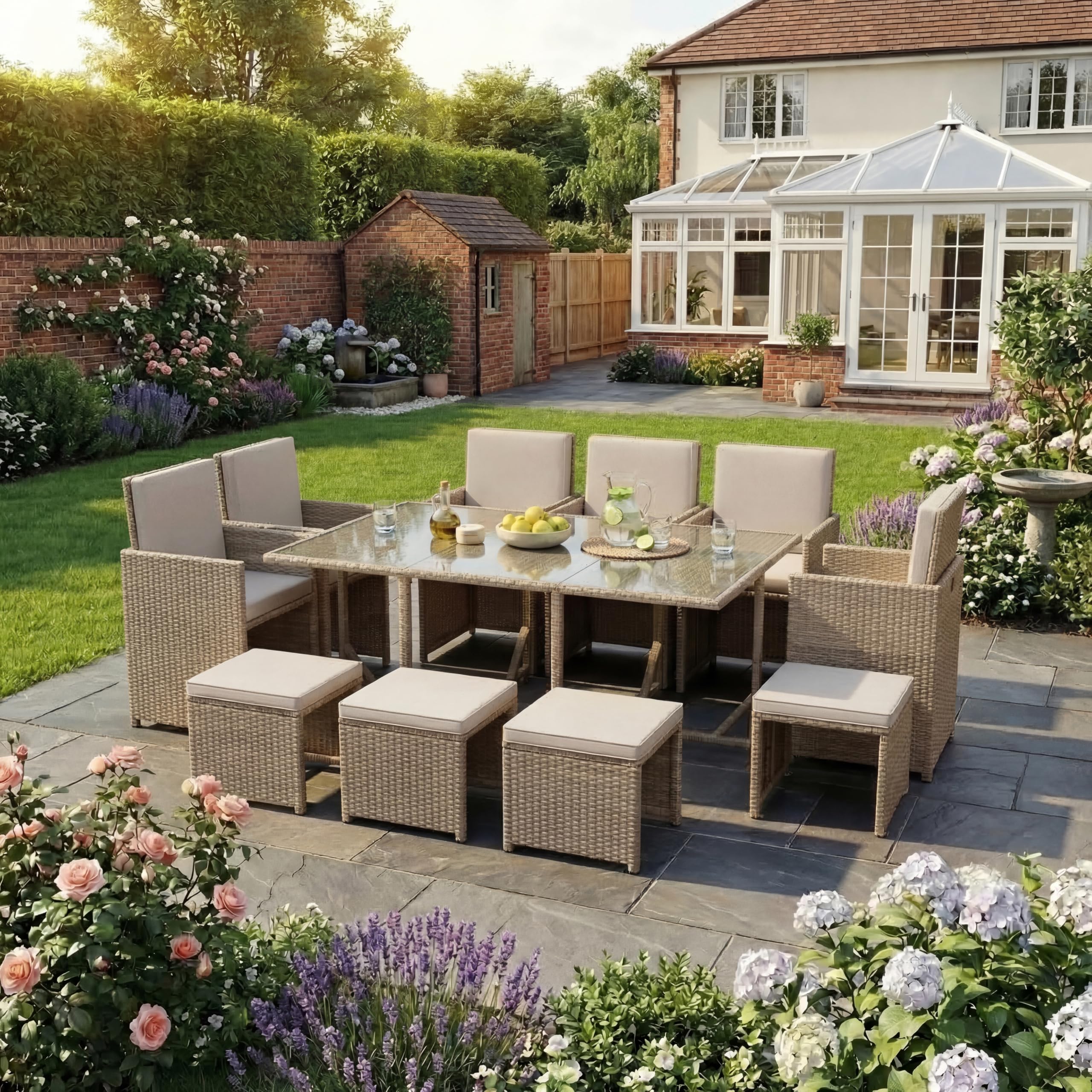 Garden Vida Cuba 10 Seater Rattan Set | Natural | Complete Outdoor Garden Patio Dining Table Set | Steel Frame & PE Wicker | UKFR Certified | Weather Resistant, Tempered Glass, With Cushions