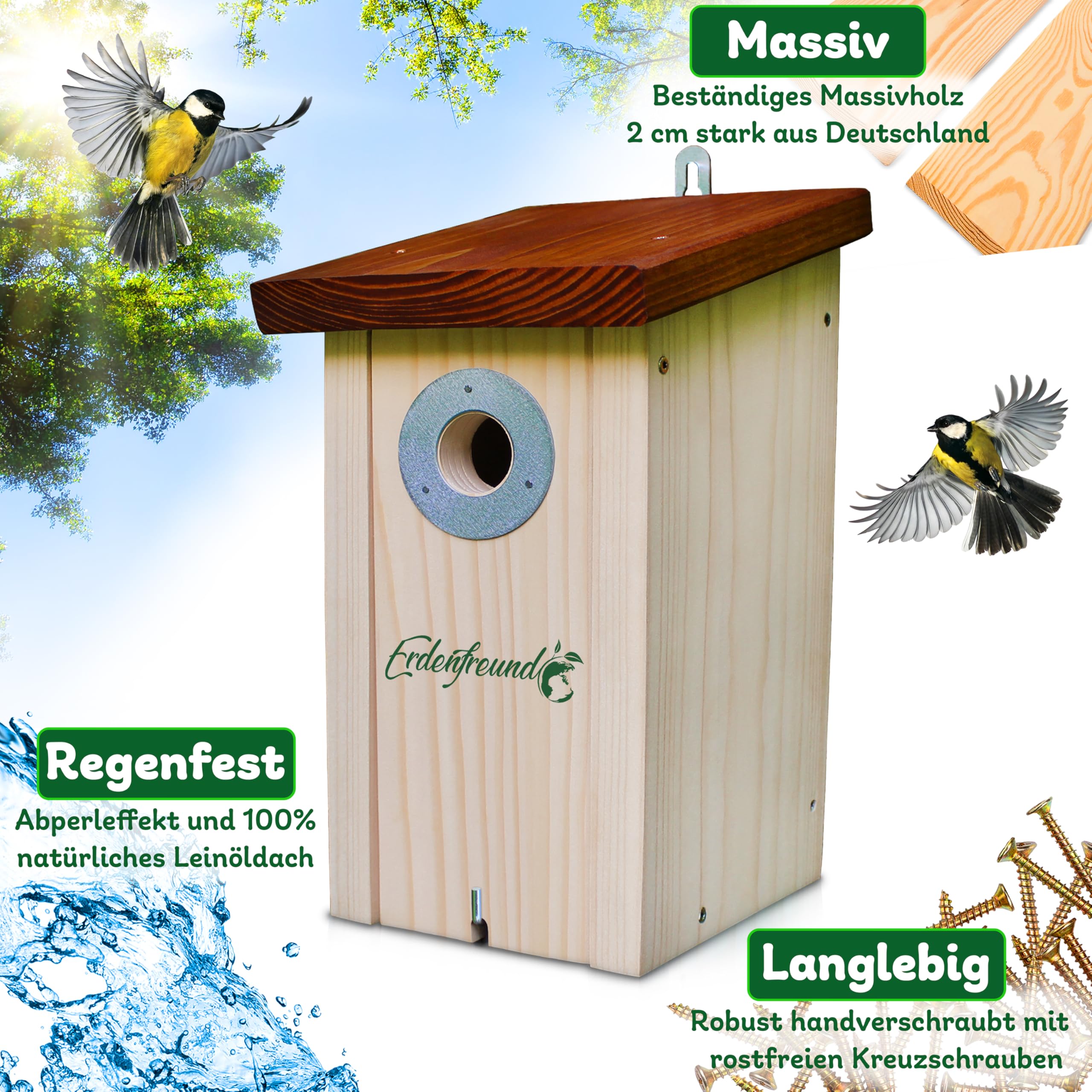 ERDENFREUND® Meisen Nistkasten 32mm Katzen-/Marderschutz innen Nistkasten für Vögel mit pickfestem Spechtschutz aus rostfreiem Metall