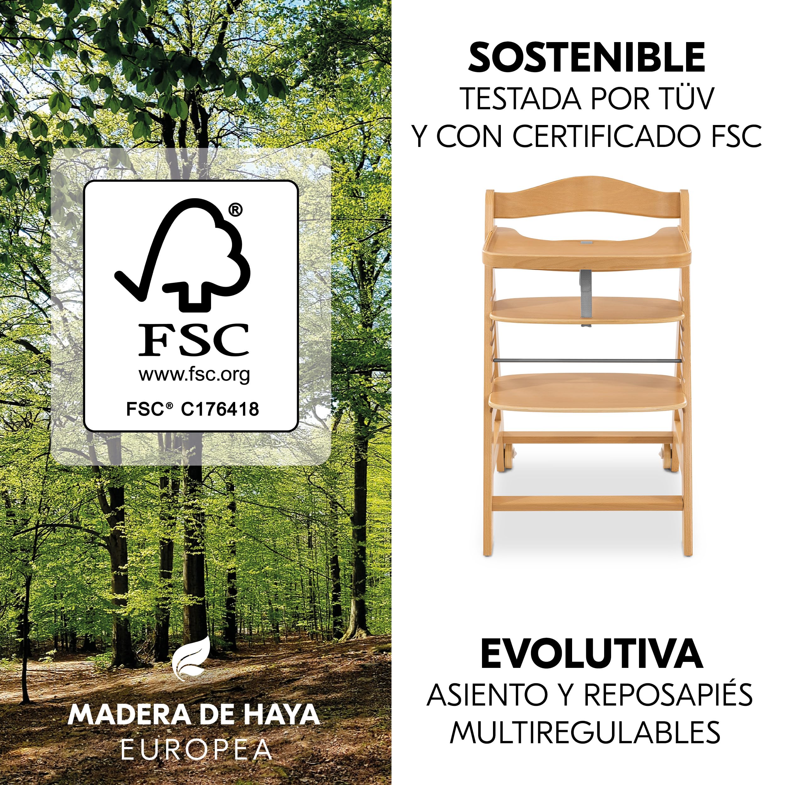 hauck Alpha Plus Move Set de Tronas de Bebe de Madera con Bandeja - Cojín y 2 Platos de Silicona - Silla Evolutiva con Ruedas - Natur/Leaves Mint