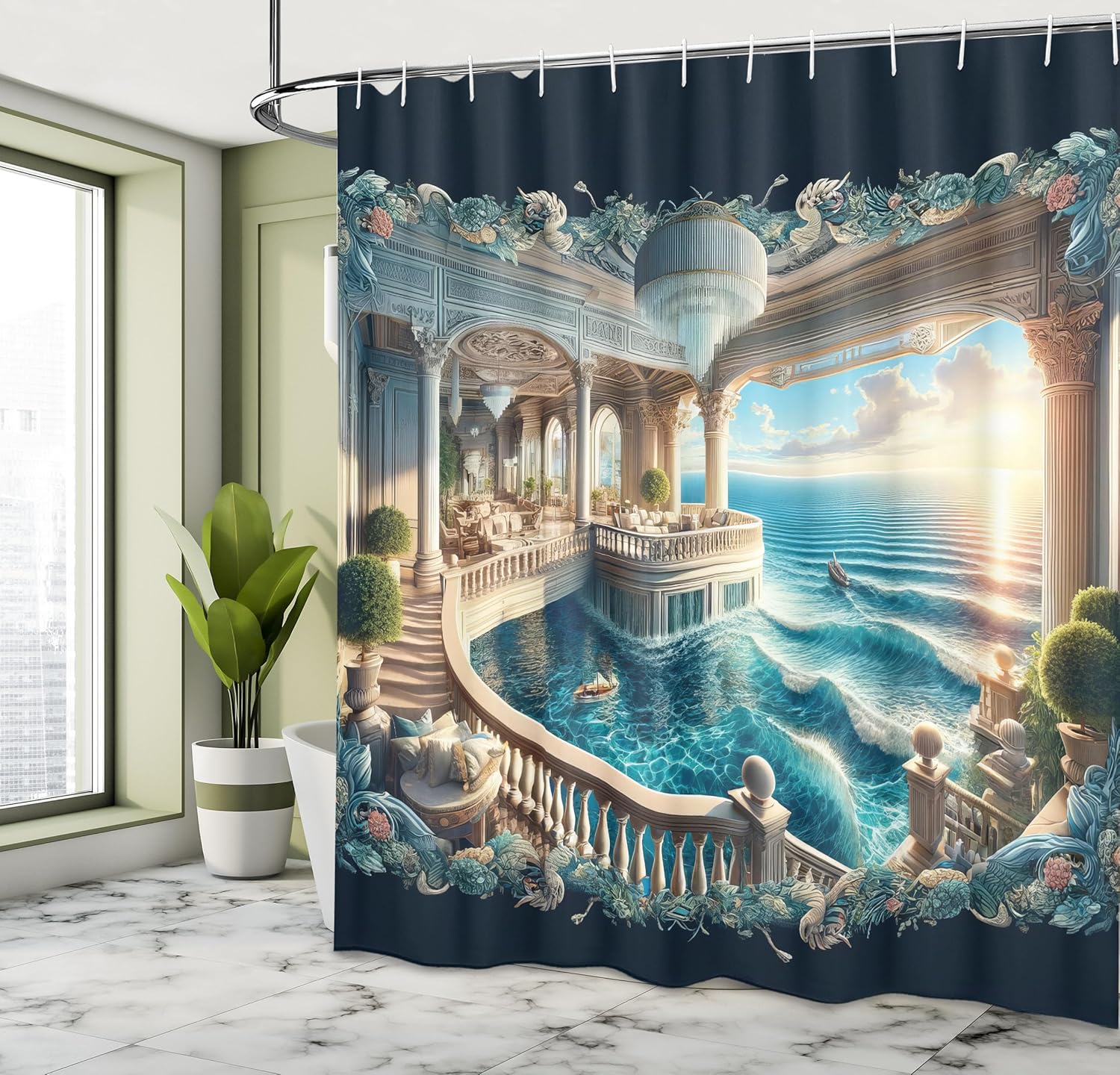 Ambesonne Fantasy World Shower Curtain, Surreal Palace's Balcony to The Ocean Digital 3D Illustration, Cloth Fabric Bathroom Decor Set with Hooks, 69" W x 84" L, Dark Turquoise and Ecru