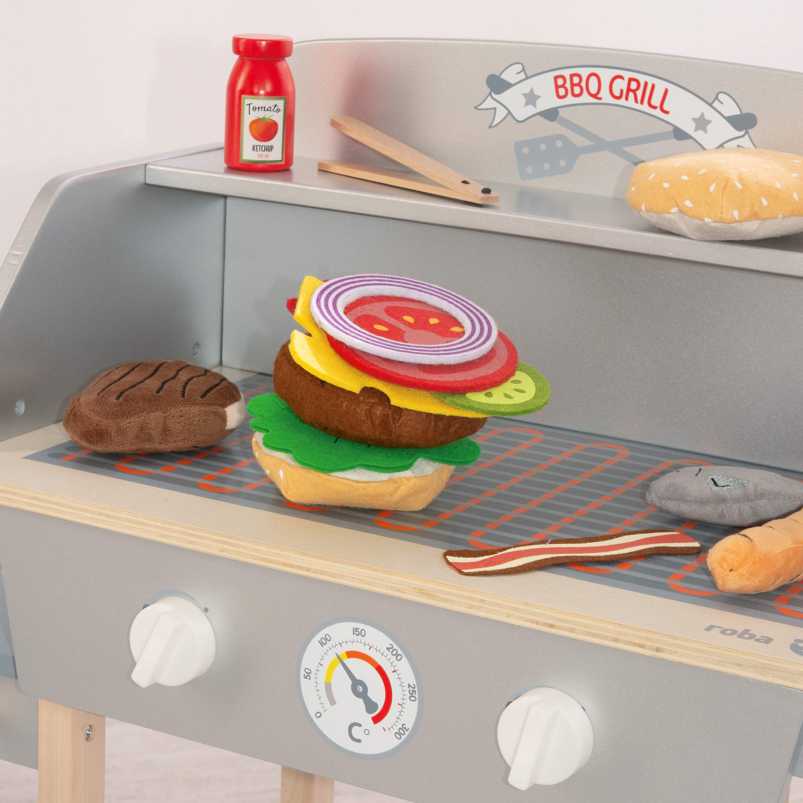 roba Jouet Barbecue en Bois pour Enfant - Cuisine Extérieure + 14 Pièces d'Accessoires et Ingrédients Burger en Peluche