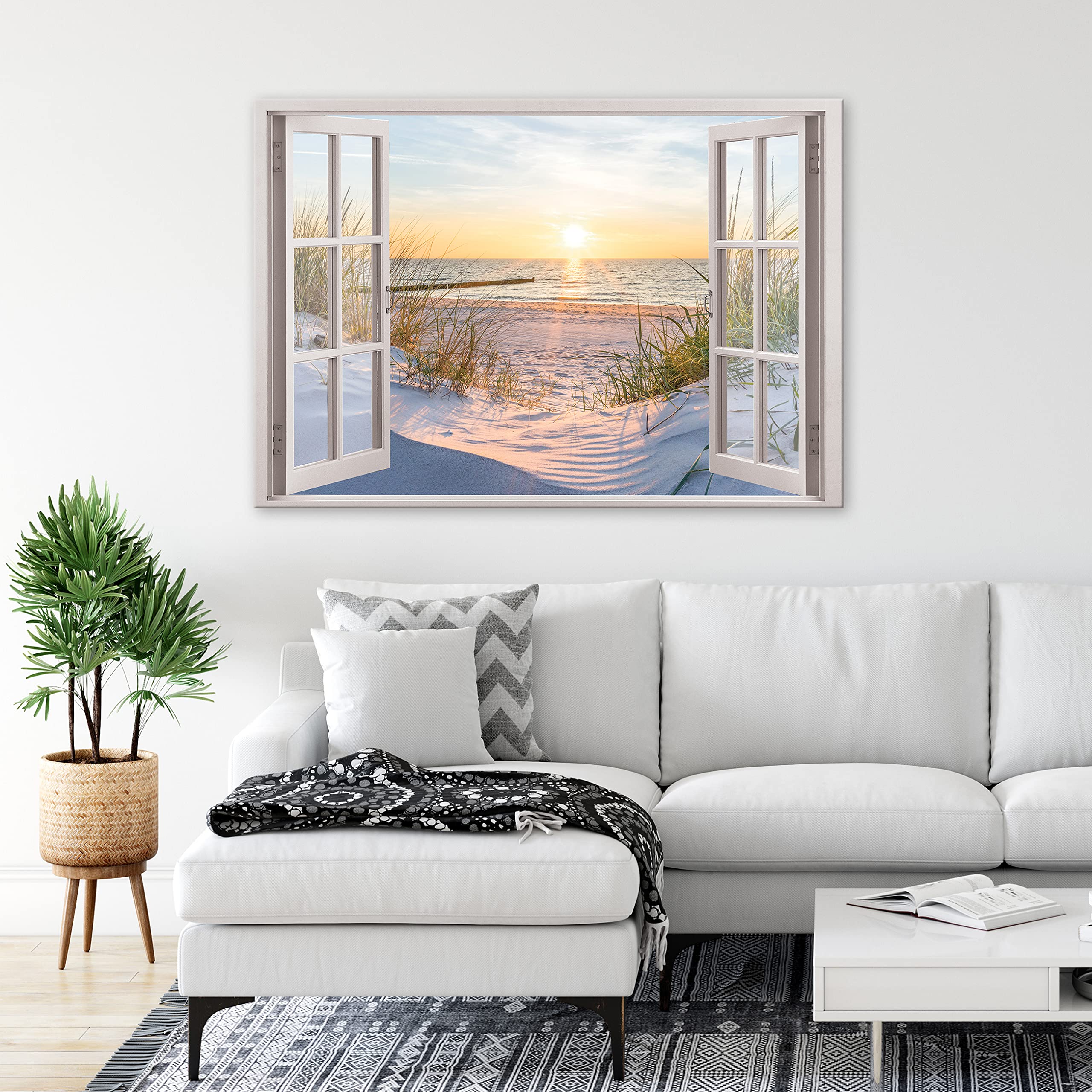 WallArena Stampe su tela 100x75 cm | Vista dalla finestra di spiaggia, mare, natura e paesaggio, dimensioni: 100x75 cm (LxA) - un pezzo su tela. La tela