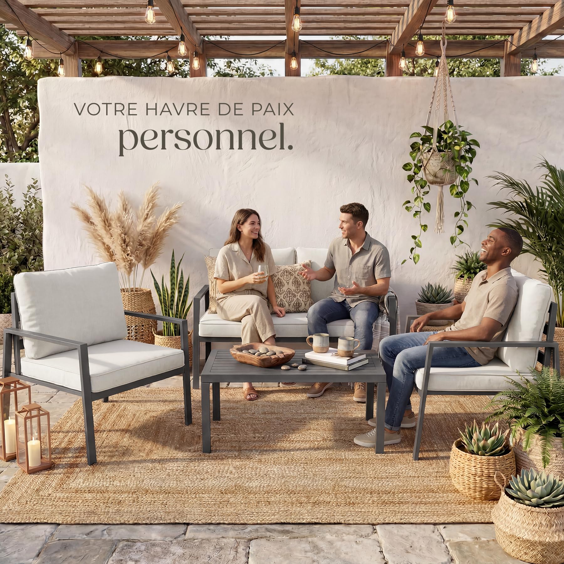 tectake® Ensemble Salon de Jardin Exterieur 4 Personnes en Aluminium Canapé 2 Places 2 Fauteuil Salon et 1 Table de Jardin, Coussins Inclus, Mobilier de Jardin Amenagement Balcon Terrasse Veranda