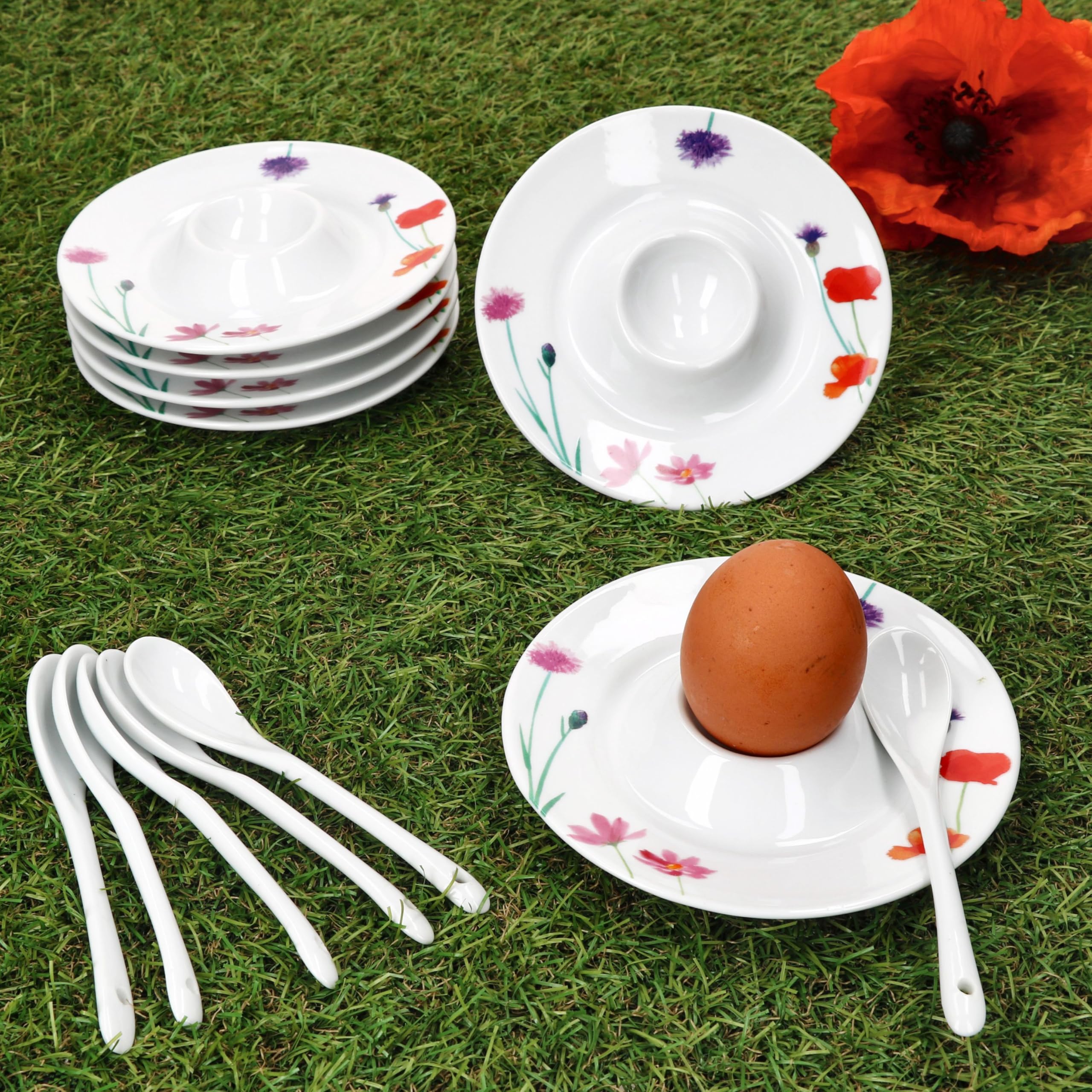 MamboCat Marie Lot de 6 coquetiers avec plateau I 6 personnes I Diamètre 13,2 cm I Coquetiers ronds en porcelaine avec décor prairie florale pour l'œuf du petit-déjeuner I Coquetiers plats pour brunch