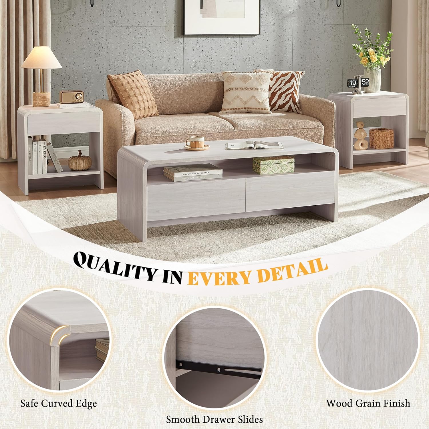 AMERLIFE 3-Piece Living Room Table Set, Includes Coffee Table & 2 End Tables, Modern Coffee Table Sets with Large Storage Drawers & Smooth Rounded Edges, White