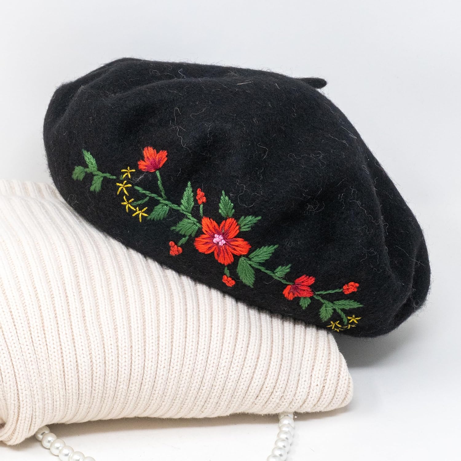 100% Wool Beret with Hand Stitch Flower Embroidery Design, Unique Premium Winter Headwear