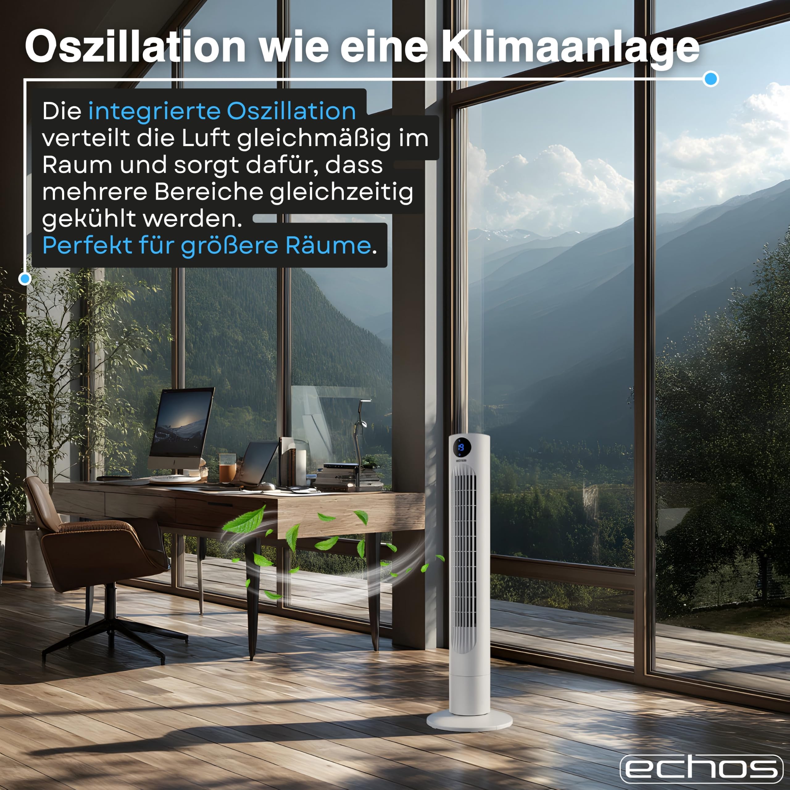 Echos Ventilateur tour très silencieux - Télécommande - Oscillant - Écran LED - 3 niveaux - Ventilateur colonne - Ventilateur sur pied - Refroidisseur d'air - Minuterie 12 h