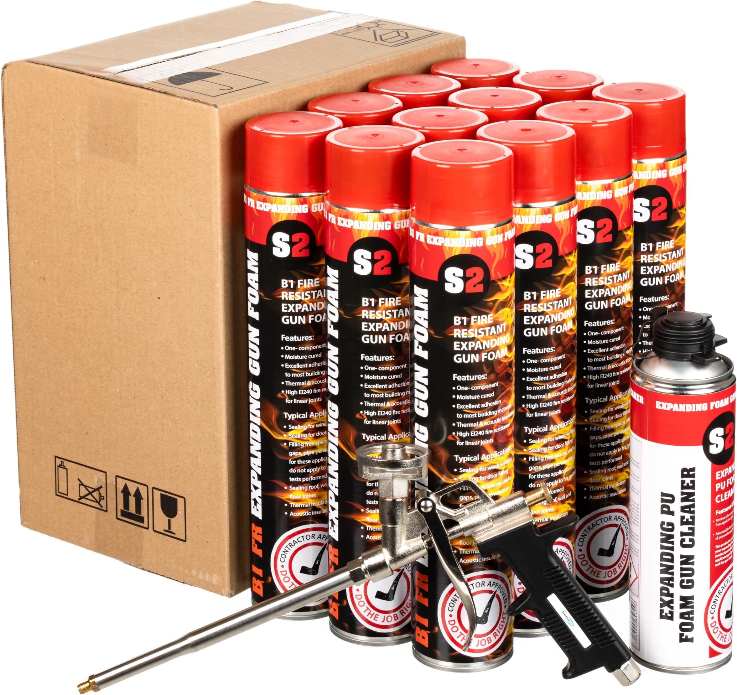 B1 Fire Rated Expanding Foam | PU Gun Foam Filler for Gaps & Insulation | 12 x 750ml + Gun & Cleaner | High Adhesion, Thermal Protection & Fire Resistance for Construction Use