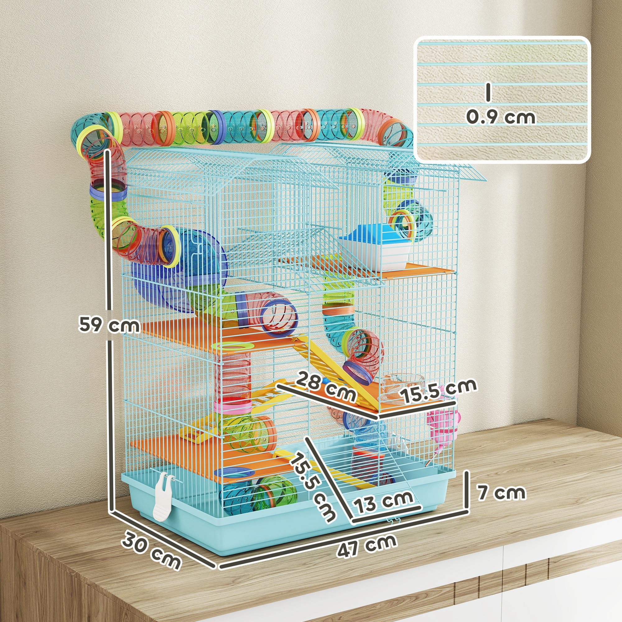 PawHut Cage Hamster 18.5", 5 niv., Maison pour Animaux, Rampe, Bleu-Clair | Système de tunnel, Roue d'exercice, Bouteille d'eau, Gamelle