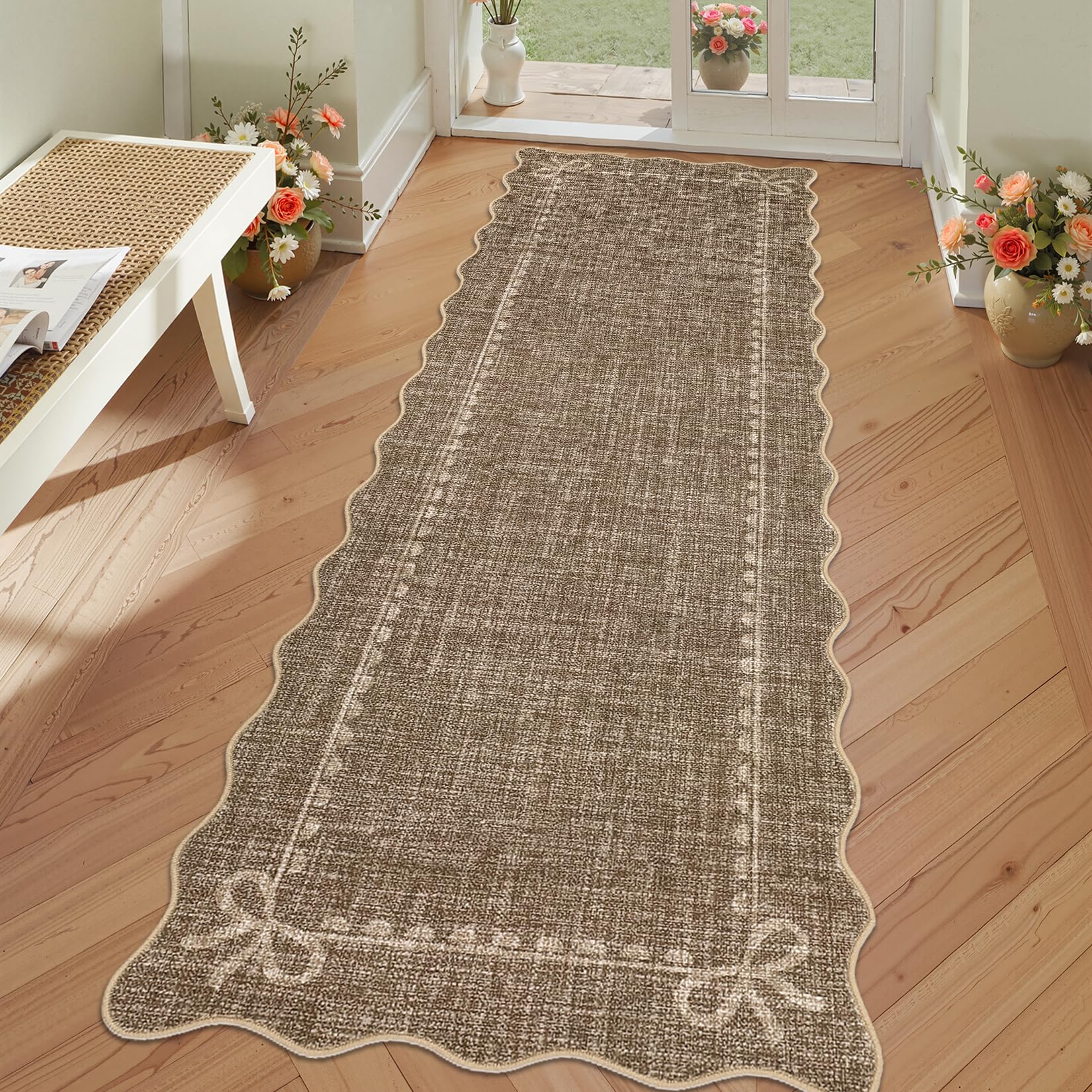 GarveeHome Scalloped Bow Rug for Living Room, Solid Brown Rug for Dorm, Washable Runner Rug 2.5x10 Soft Low Pile Non Slip Scalloped Rugs for Nursery