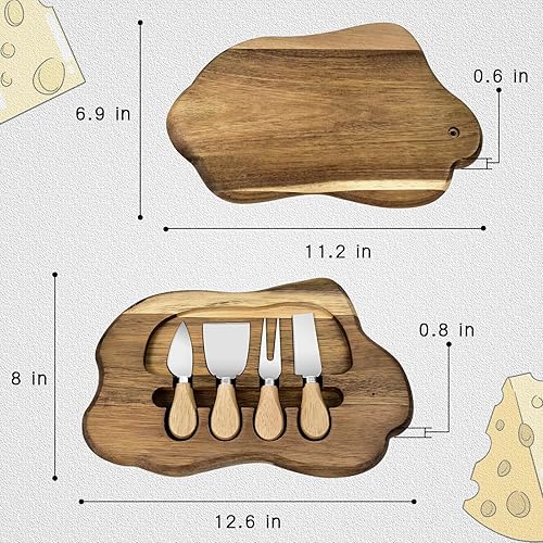 Miniatura 5 de Tabla de quesos de madera de acacia de 2 niveles, tablas de embutidos con juego de cuchillos, bandeja de madera para servir con queso, juego de