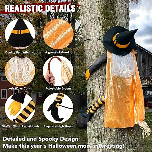 Miniatura 3 de Giiffu Decoración de Halloween de bruja de 53 pulgadas para exteriores  Bruja voladora golpeando árbol de otoño decoración de patio para porche
