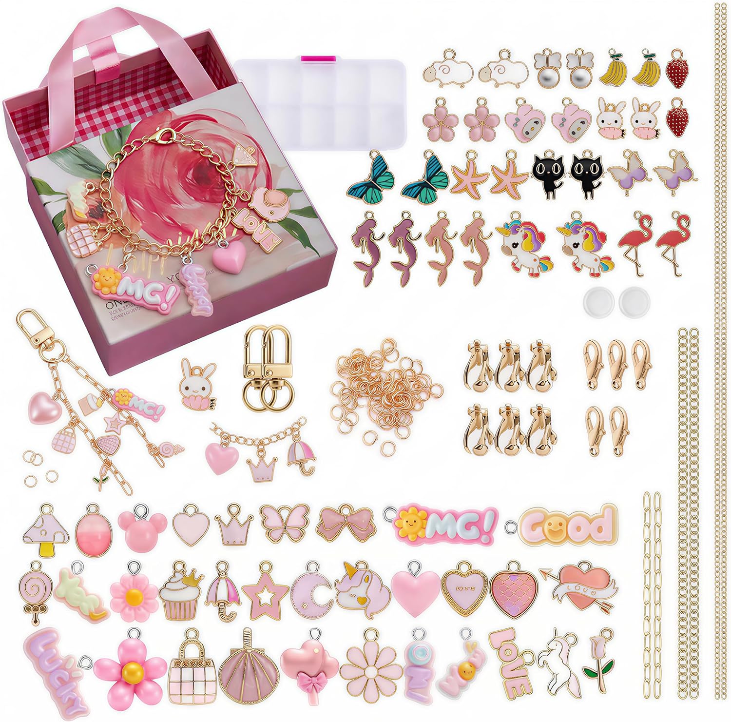 Ponygrass Keychain Making Supplies - DIY Lip Gloss Charms Kit 190 Pcs with Metal Jump Rings and Chain, Easy Assembly Craft Key Chain Making Kit (Pink ear clip pendant & keychain pendant)