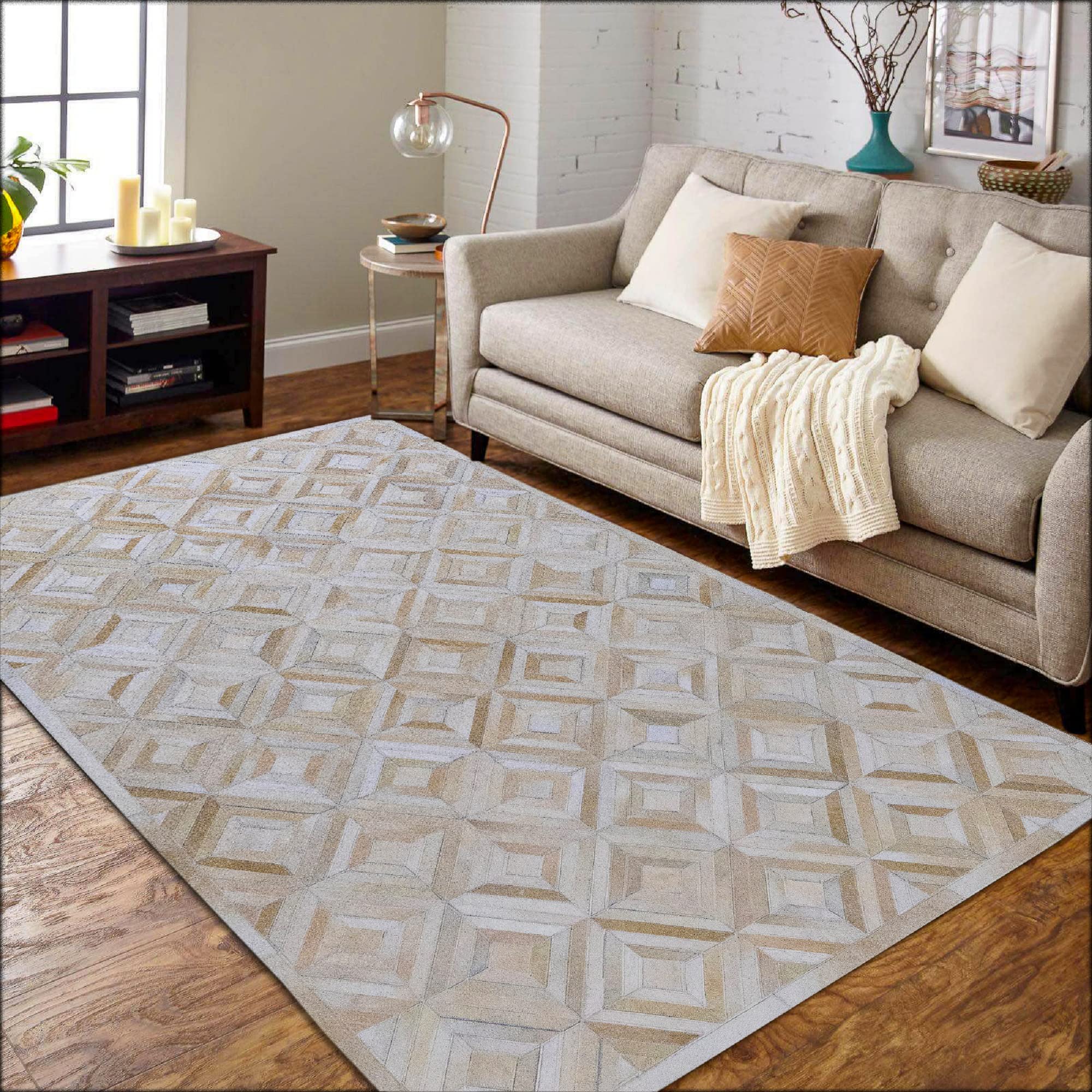 Handmade Patchwork Cowhide Modern Leather Area Rug 3x5 4x6 5x8 6x9 8x10 9x12 Diamond Design (6 feet x 10 feet)