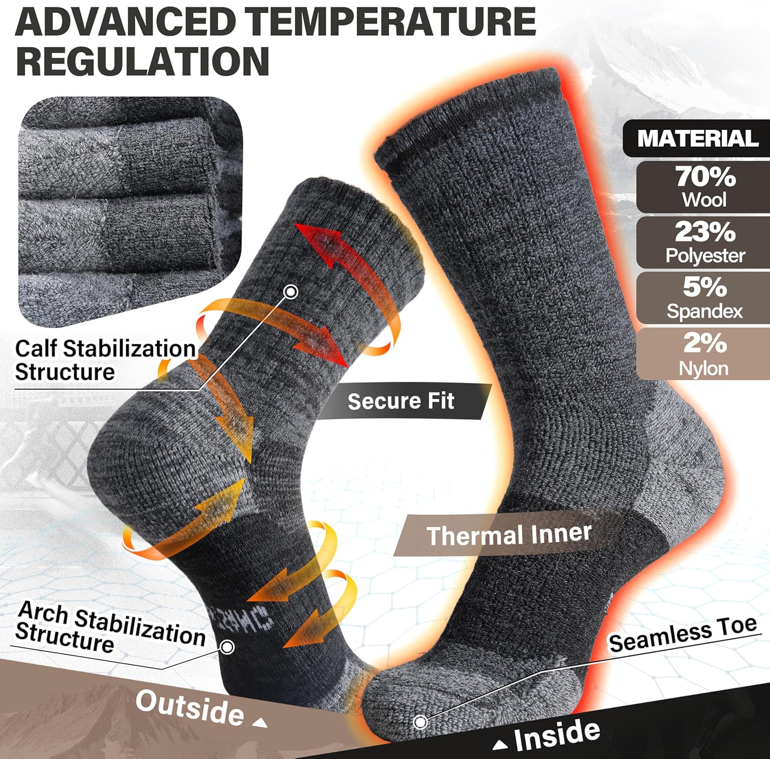 ANTSANG Merino Wool Hiking Socks, Full Cushion Thick Thermal Crew Socks for Men and Women, 4 Pairs - Image 3