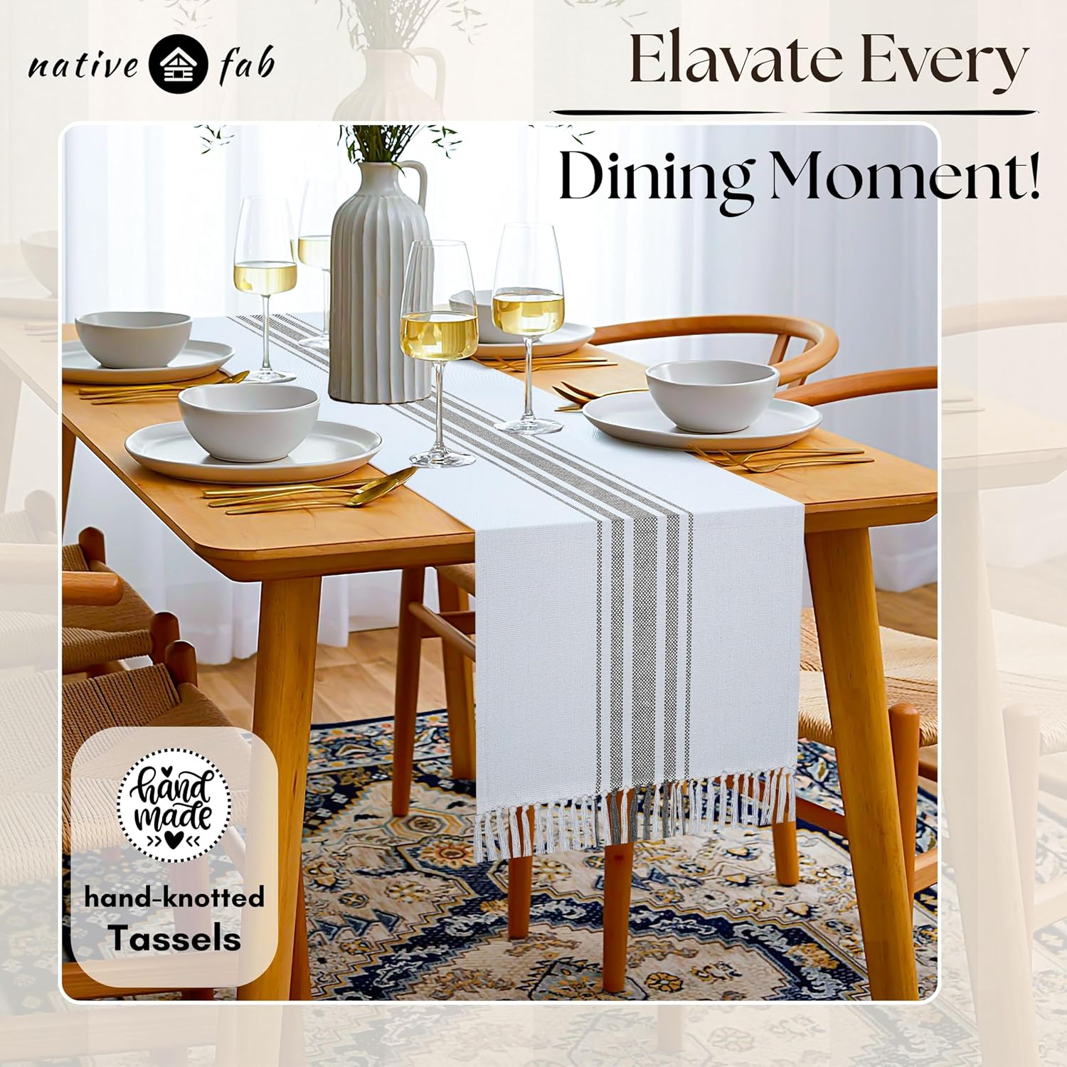 Native Fab Gray Table Runner 108 Inches Long - Boho Stripe Table Cover with Fringes - 100% Cotton, Soft, Tight Weave, Nonslip Tablerunner for Dining, Dresser, Wedding - Grey and White (14x108 inch) image 4