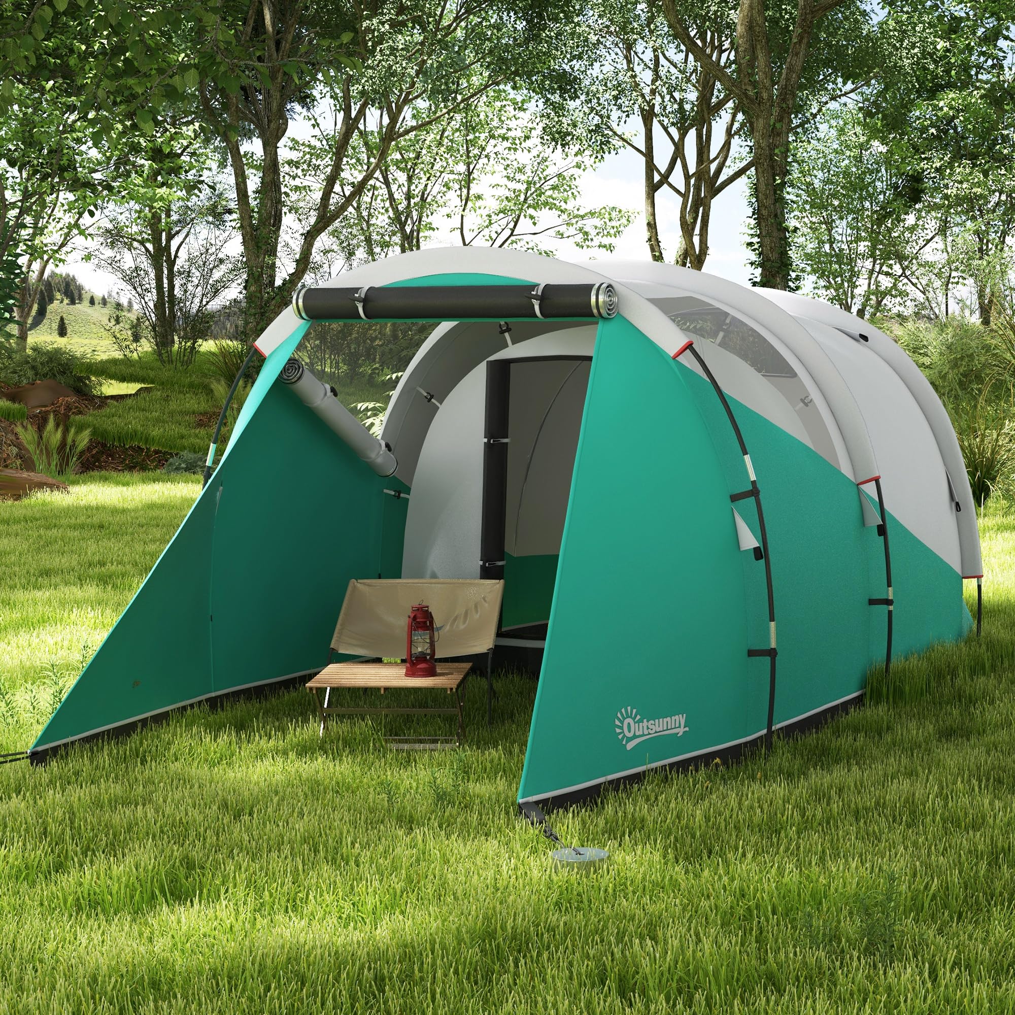 Outsunny Tenda da Campeggio 2-4 Persone Impermeabile con Stanza Separata, Tenda a Tunnel Familiare con Borsa di Trasporto, 460x260x190 cm, Verde