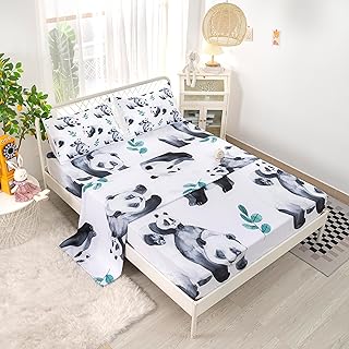 CVHOUSE Panda Fitted Sheet Full Size,Panda Bedding Set for Boys Girls,Cute Panda Bed Sheet Set,1 Flat Sheet & 1 Fitted Sheet with 2 Pillow Cases - 4 Piece