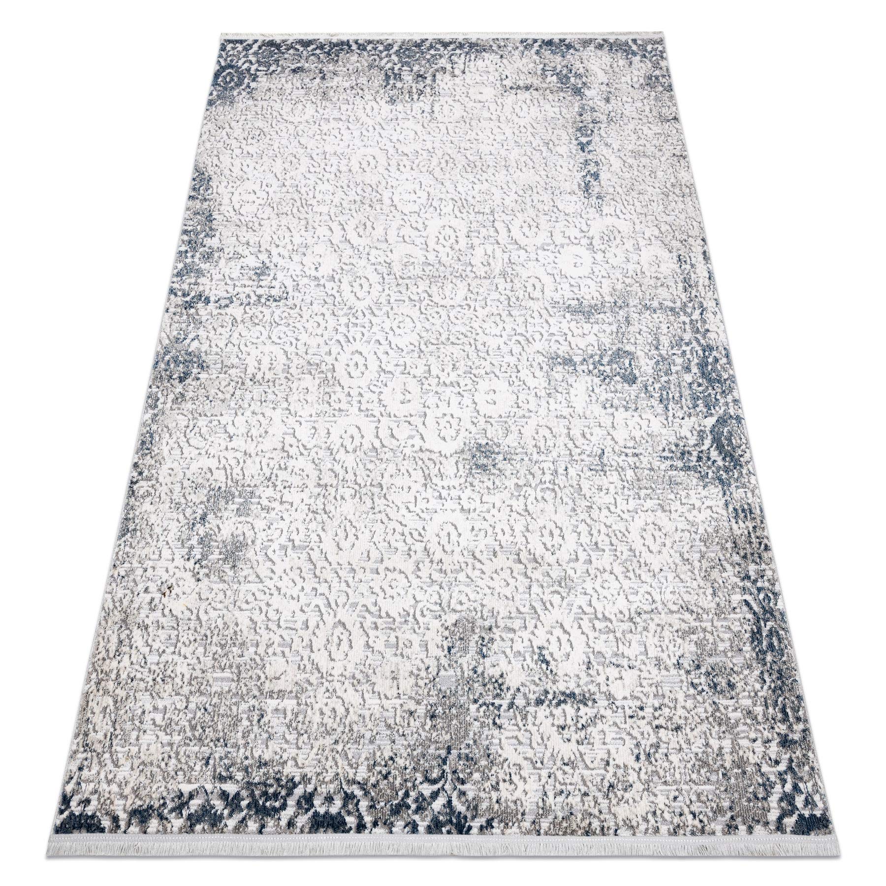 Tapis à franges crème et bleu pour salon cocooning | Rebec 80x150