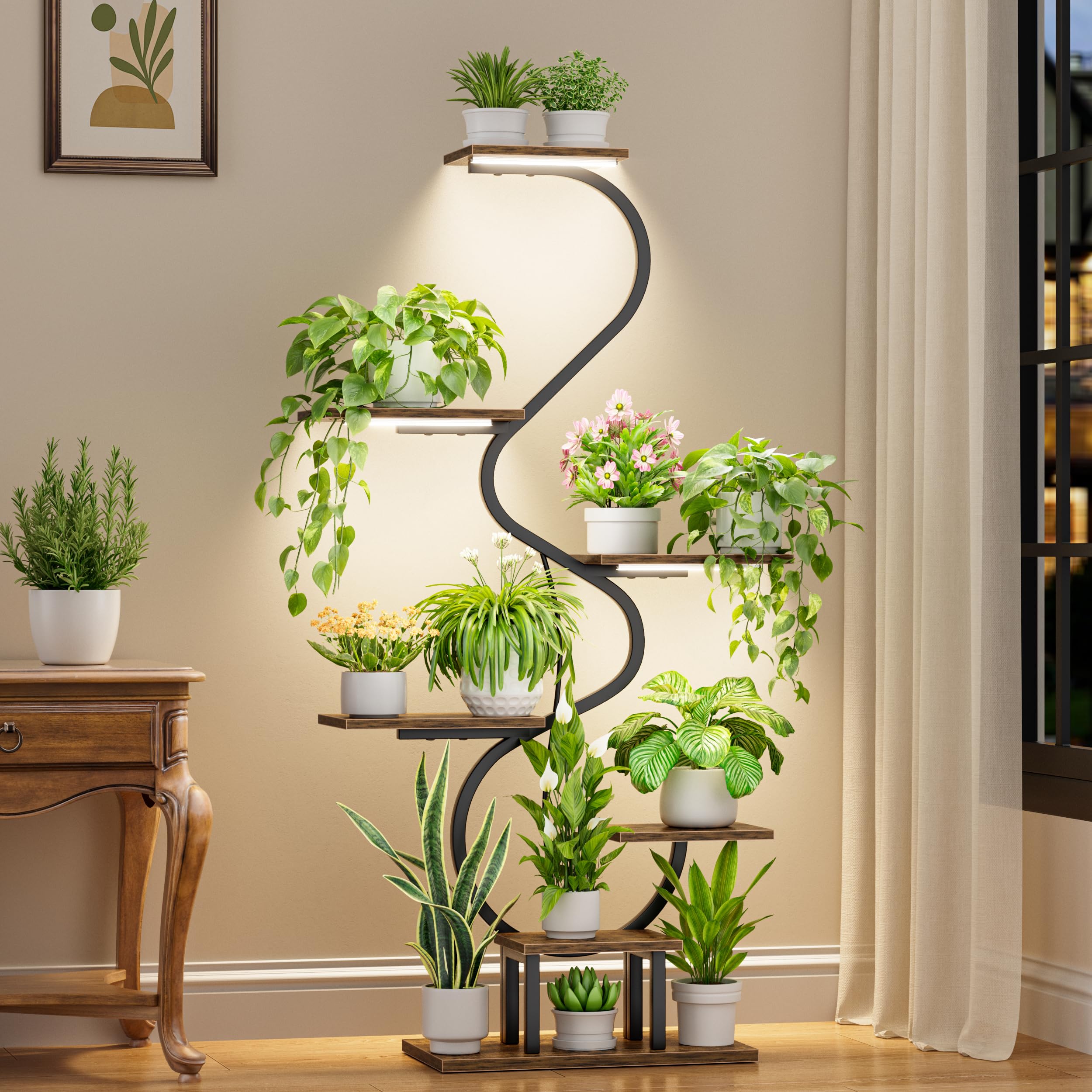 CODACE Plant Stand Indoor with Grow Lights - Tall Corner Plant Shelf, 7 Tiered Plant Stands for Indoor Plants, Metal Flower Plant Rack, Curved-Shaped Inoor Plant Holder for Living Room, Patio?Black