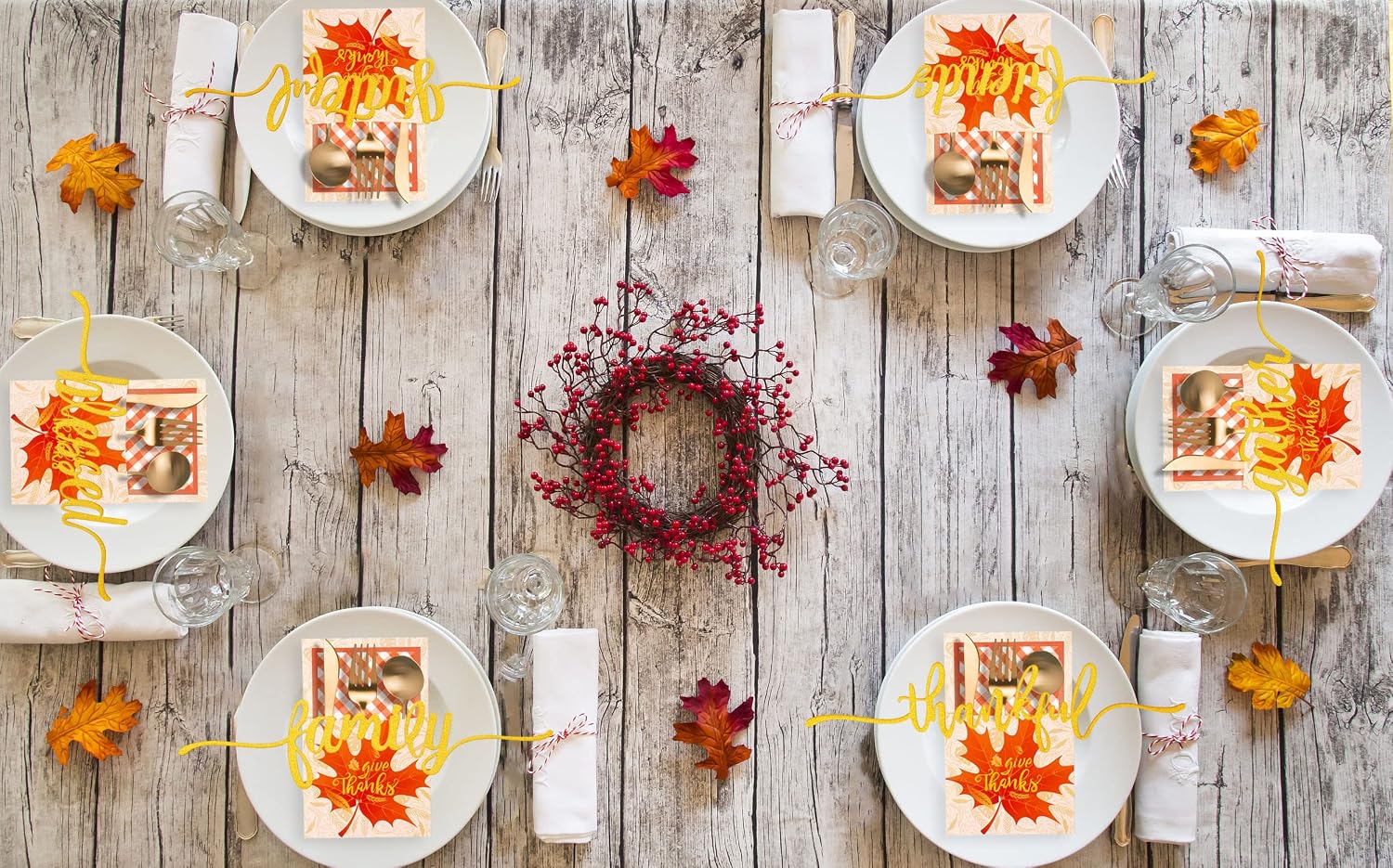 ANOTION Thanksgiving Table Decorations, 24 Thanksgiving Cutlery Holder 24 Thankful Grateful Blessed Words Cutout Card Decor Glitter Table Place Card for Thanksgiving Turkey Utensil Décor
