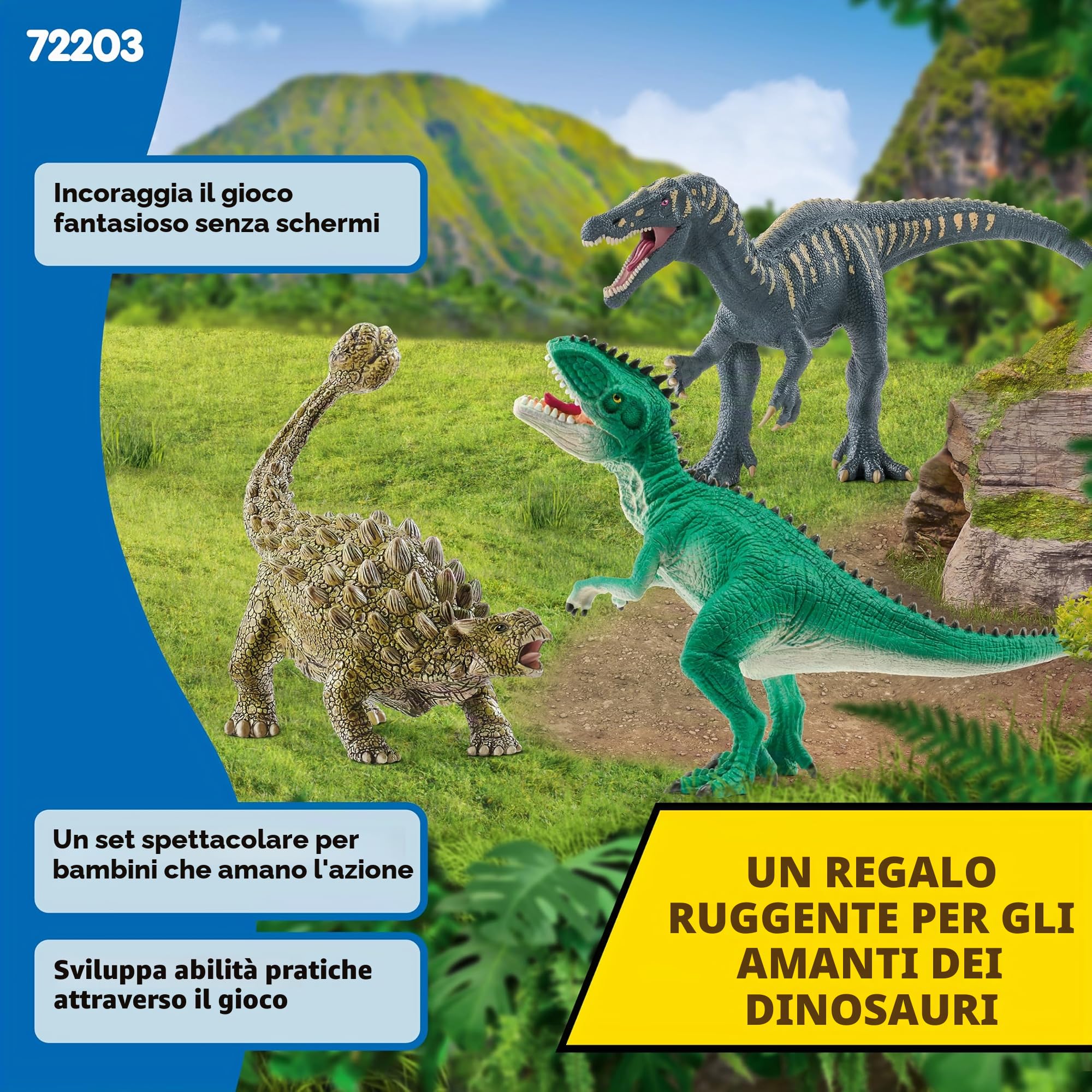 SCHLEICH DINOSAURS | Attacco del trio di dinosauri 72203 | Set con Giganotosauro, Baryonyx e Ankylosauro | Giocattolo dinosauri | Idea regalo per bambini dai 3 anni | esclusiva Amazon