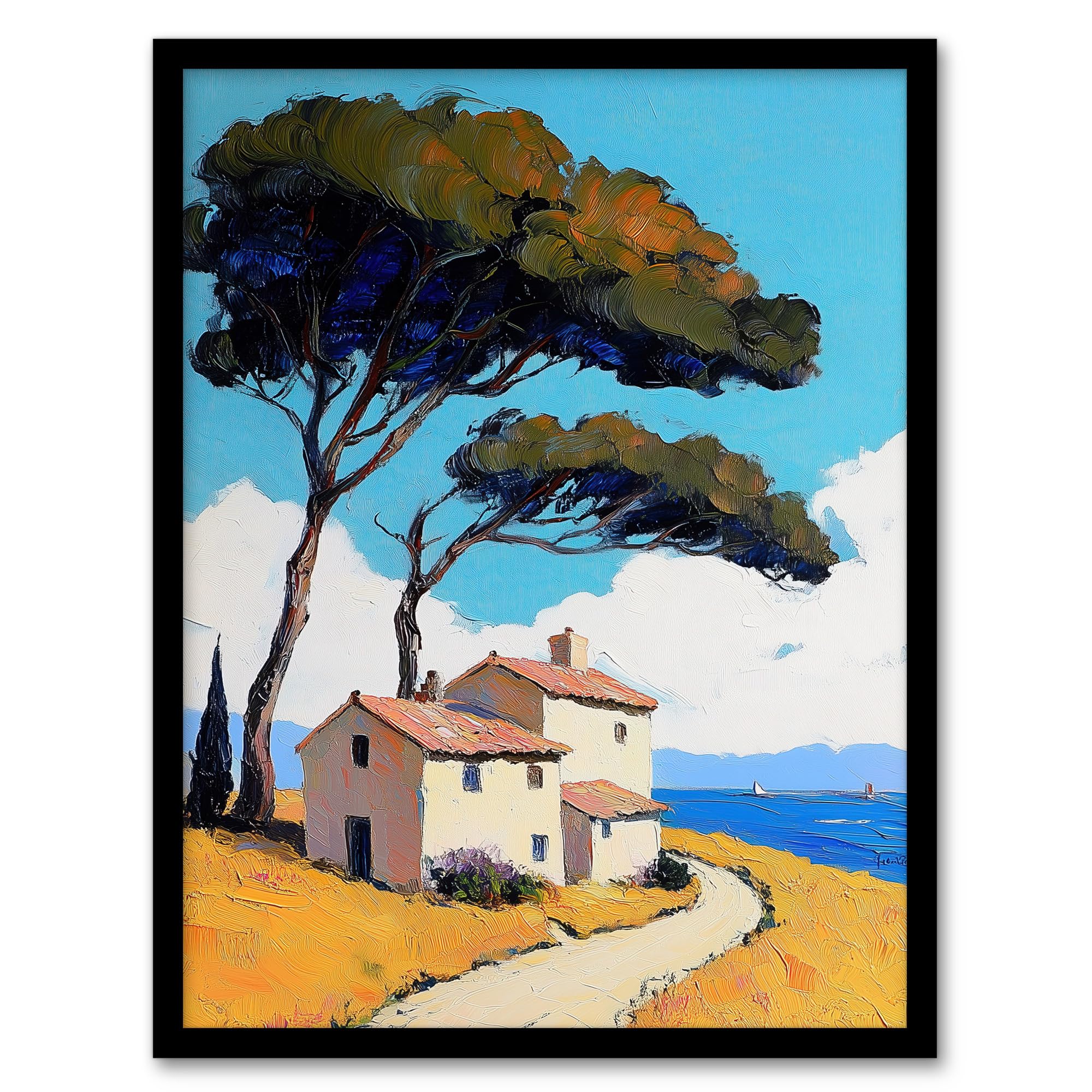 Artery8 Holiday Cottage By Sea Coastal Spain Framed Art Print - Blue, A4