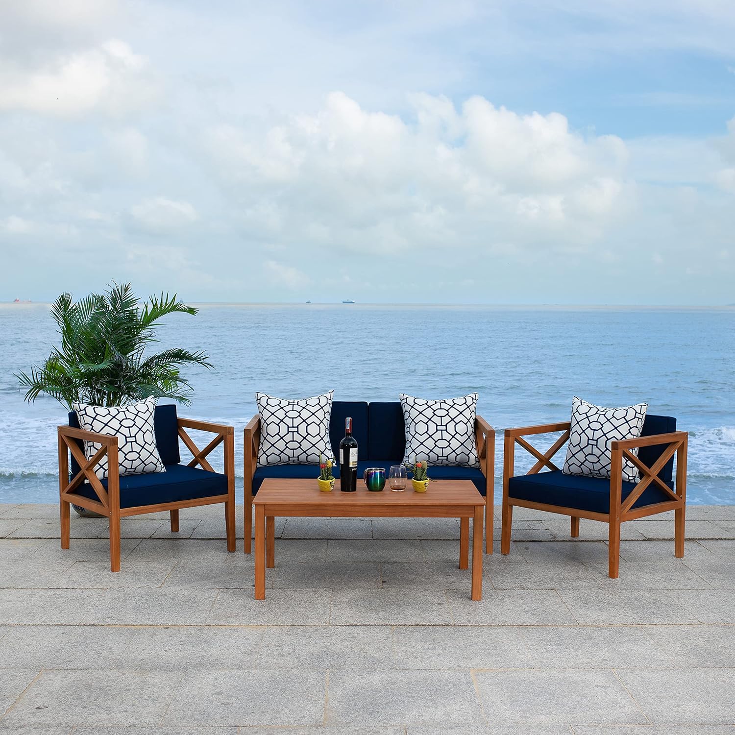 SAFAVIEH Outdoor Collection Montez Natural/Navy Blue Cushion 4-Piece Conversation Patio Set with Accent Pillows