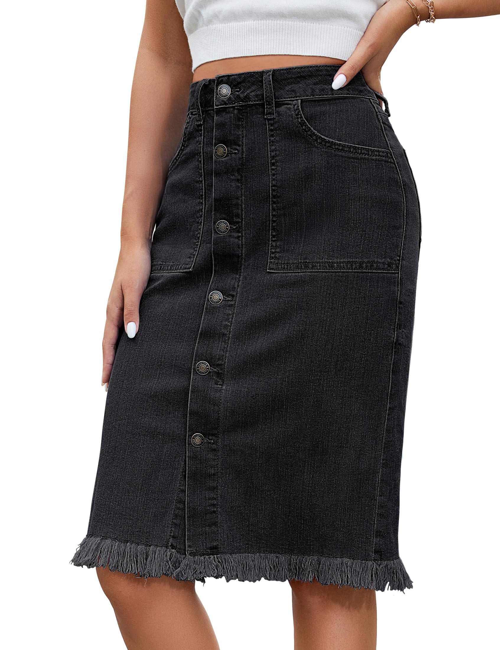 luvamia Womens Casual Mid Rise Button Down Frayed Raw Hem Denim Jean Midi Skirt