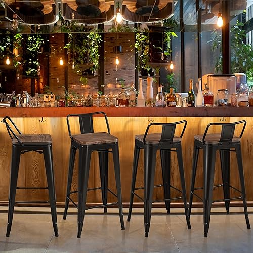 Miniatura 10 de Yaheetech Juego de 4 taburetes de bar de metal de 30 pulgadas, taburetes de bar industriales con parte superior y respaldo bajo, sillas de metal