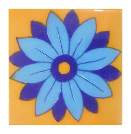 SHIVKRIPA BLUE ART POTTERY Handmade Ceramic Tiles (7.5 x 7.5 x 0.5 cm, Blue and Yellow) - Pack of 12