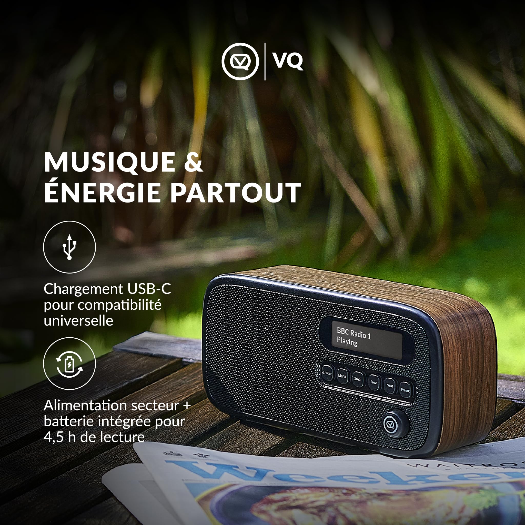 VQ Dexter Radio Dab Plus/Dab avec FM, Haut-parleurs Stéréo 3W et Écran LCD - Alimentée par Secteur et Batterie Radio Portable avec 60 Présélections, Antenne et Prise Casque - Noyer